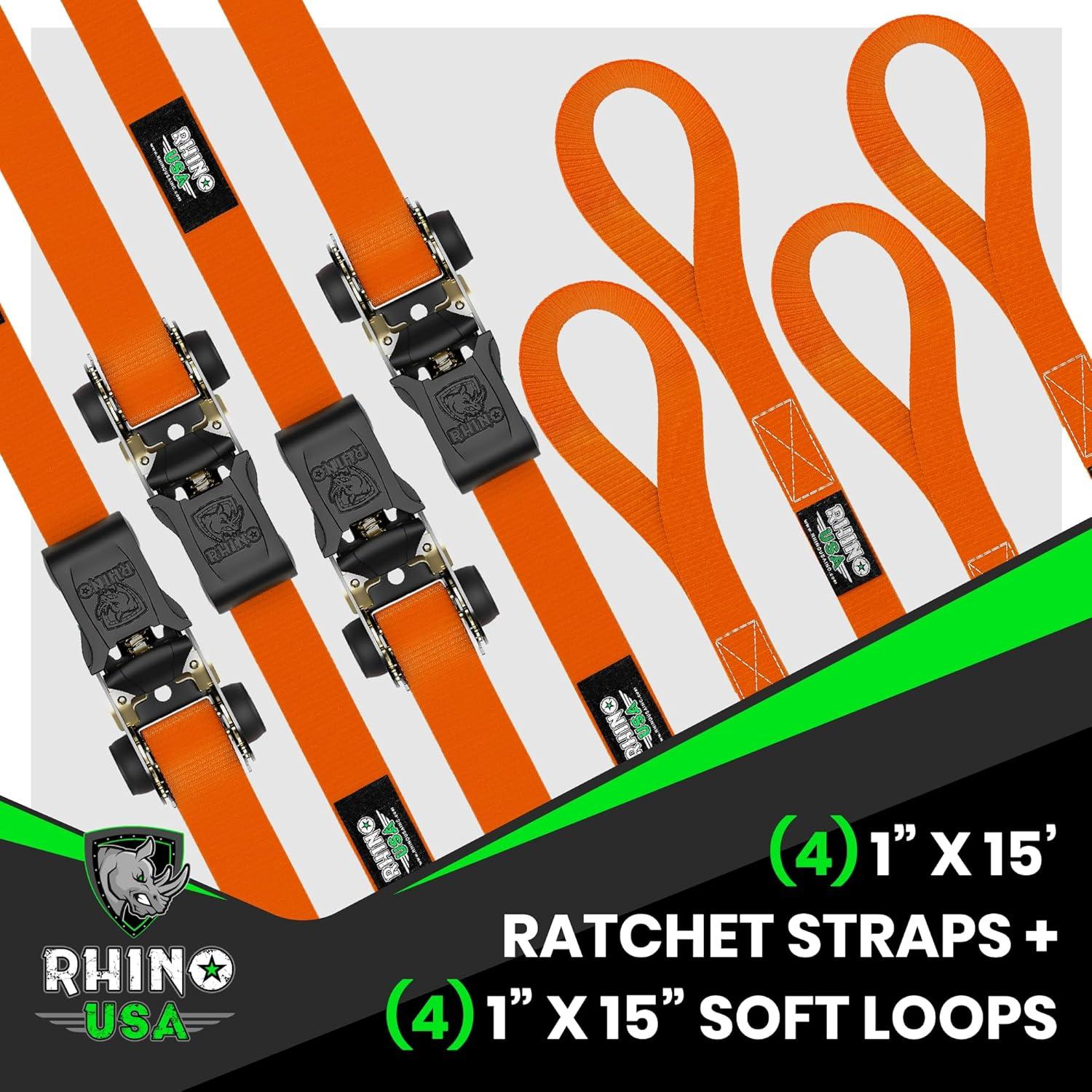 imageRhino USA Ratchet Straps Tie Downs 4Pack  1 Inch x 15 Feet 1823lb Break Strength  Ultimate Tie Down Straps with Safety S Hooks  for Trucks Cargo Moving Appliances  BlueOrange