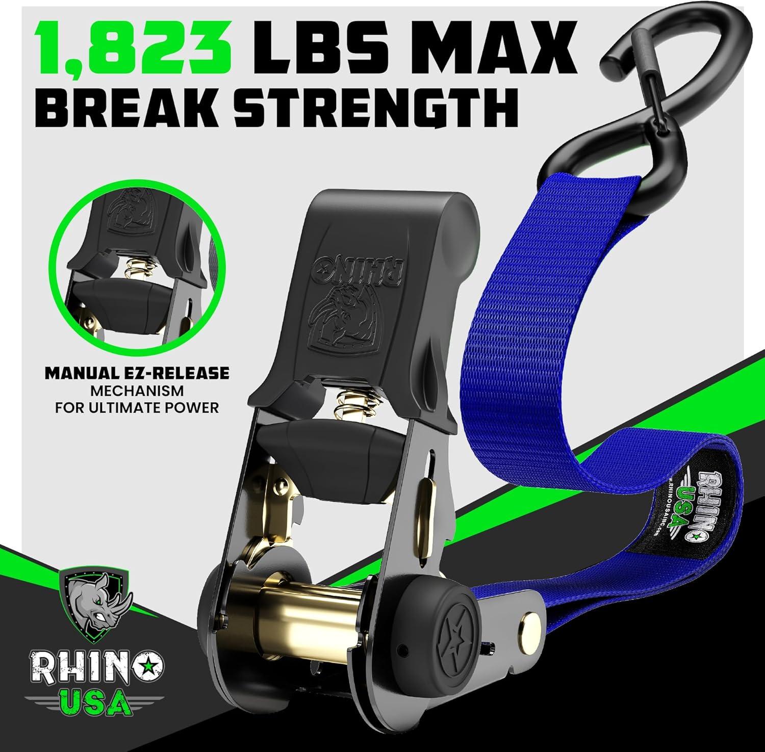 imageRhino USA Ratchet Straps Tie Downs 4Pack  1 Inch x 15 Feet 1823lb Break Strength  Ultimate Tie Down Straps with Safety S Hooks  for Trucks Cargo Moving Appliances  BlueBlue