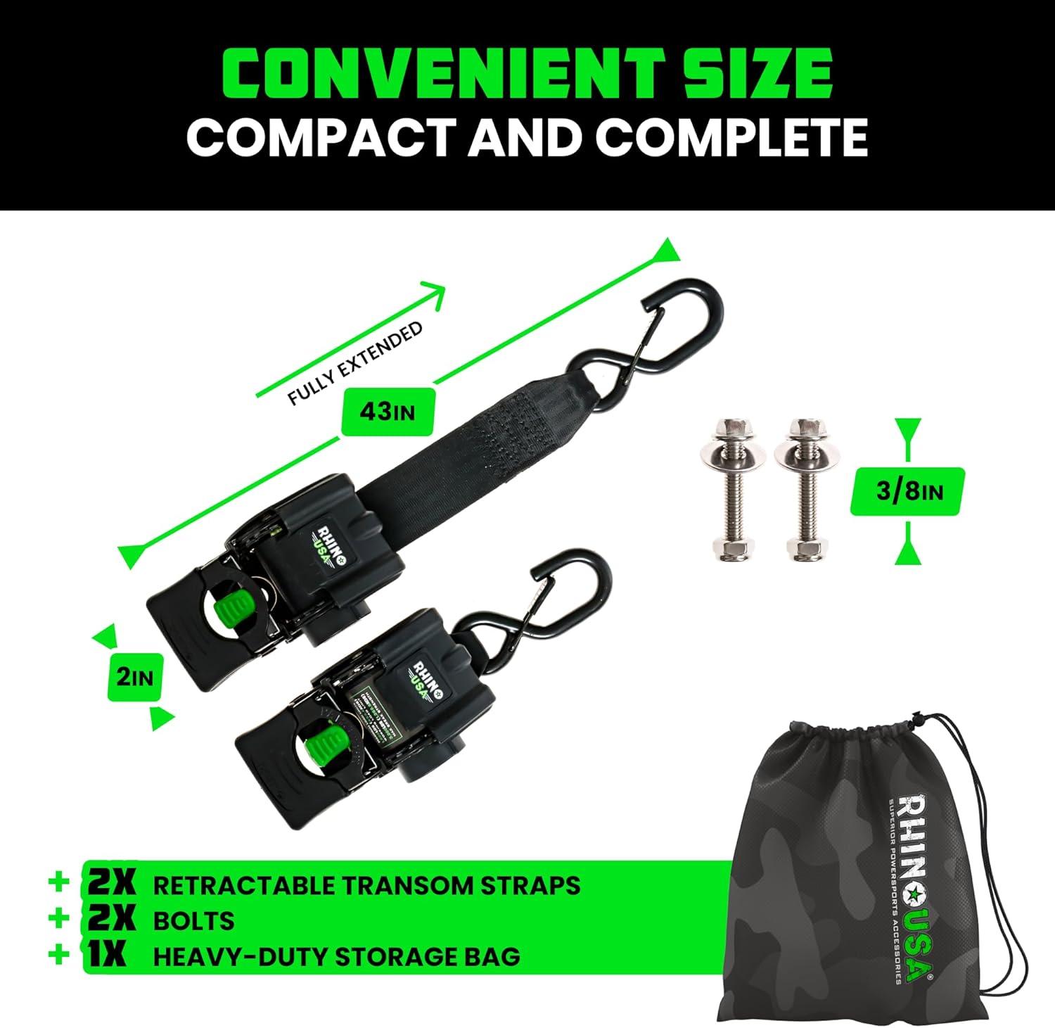 imageRhino USA Retractable Boat Trailer Tie Down Straps 2PK  Durable 2in x 43in Trailer Mount Transom Straps for Boat Jet Ski  Powder Coated Black Steel  Fresh Water CompatibleBlack Powder Coated