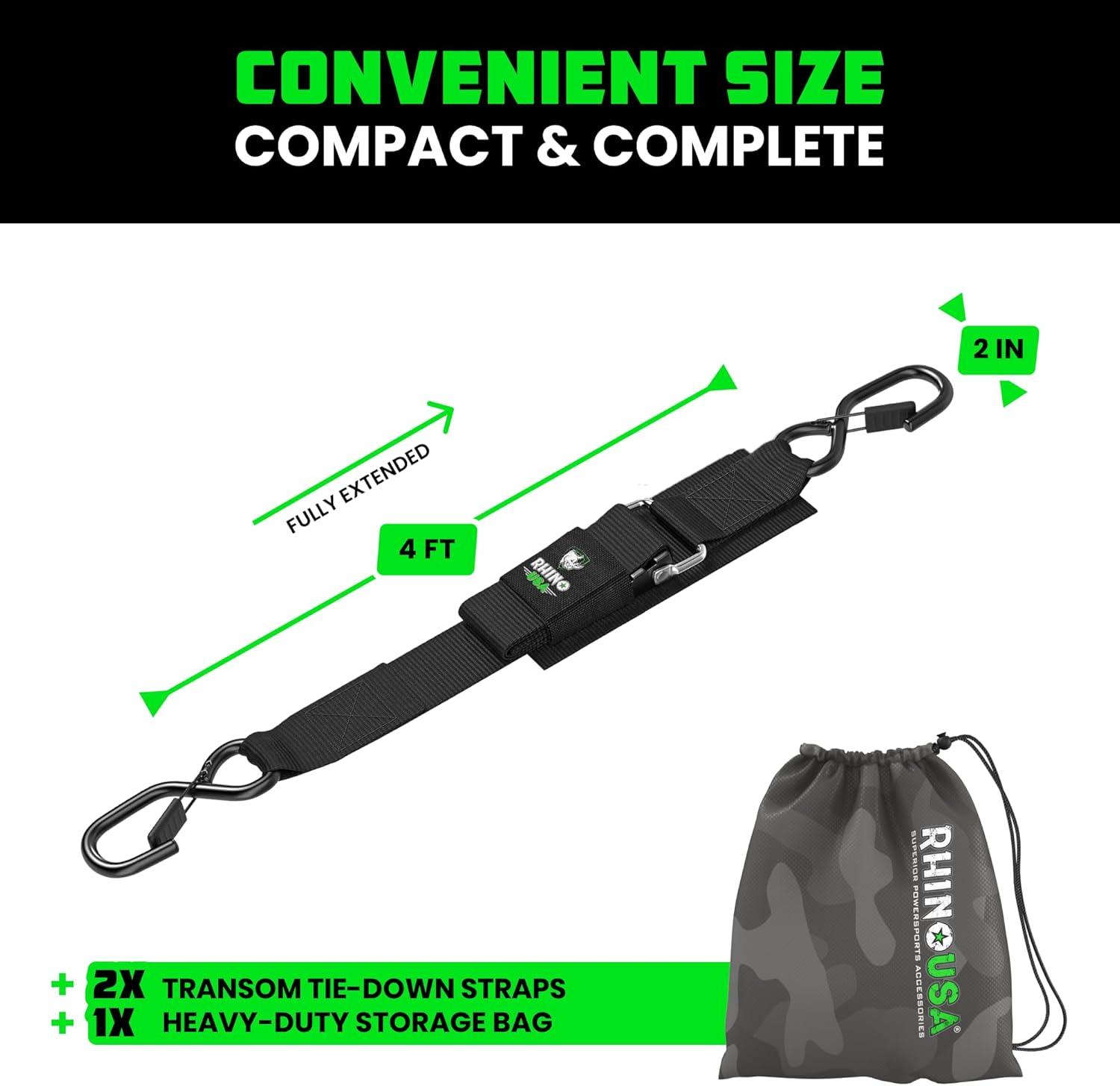 imageRhino USA Retractable Boat Trailer Tie Down Straps 2PK  Durable 2in x 43in Trailer Mount Transom Straps for Boat Jet Ski  Powder Coated Black Steel  Fresh Water CompatibleBlack