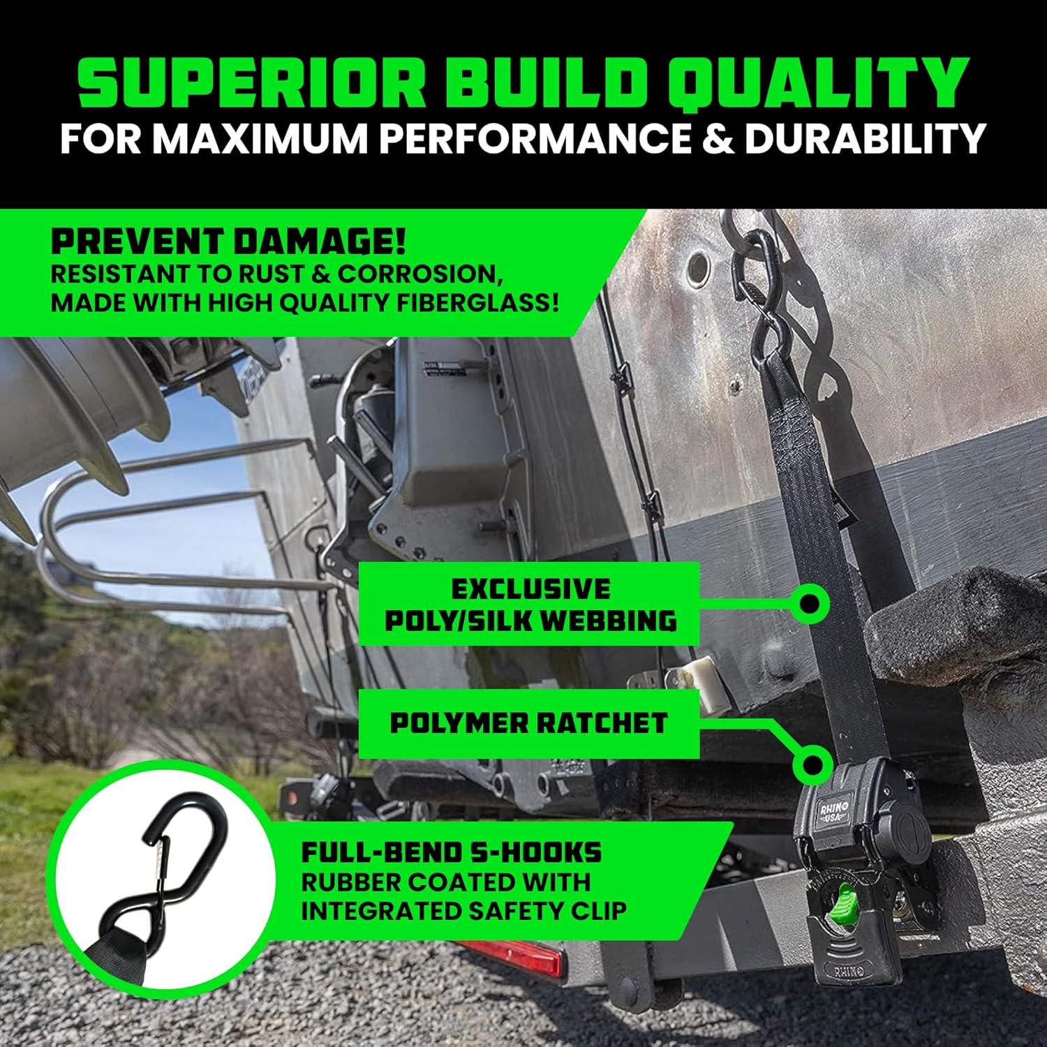 imageRhino USA Retractable Boat Trailer Tie Down Straps 2PK  Durable 2in x 43in Trailer Mount Transom Straps for Boat Jet Ski  Powder Coated Black Steel  Fresh Water CompatibleBlack Powder Coated