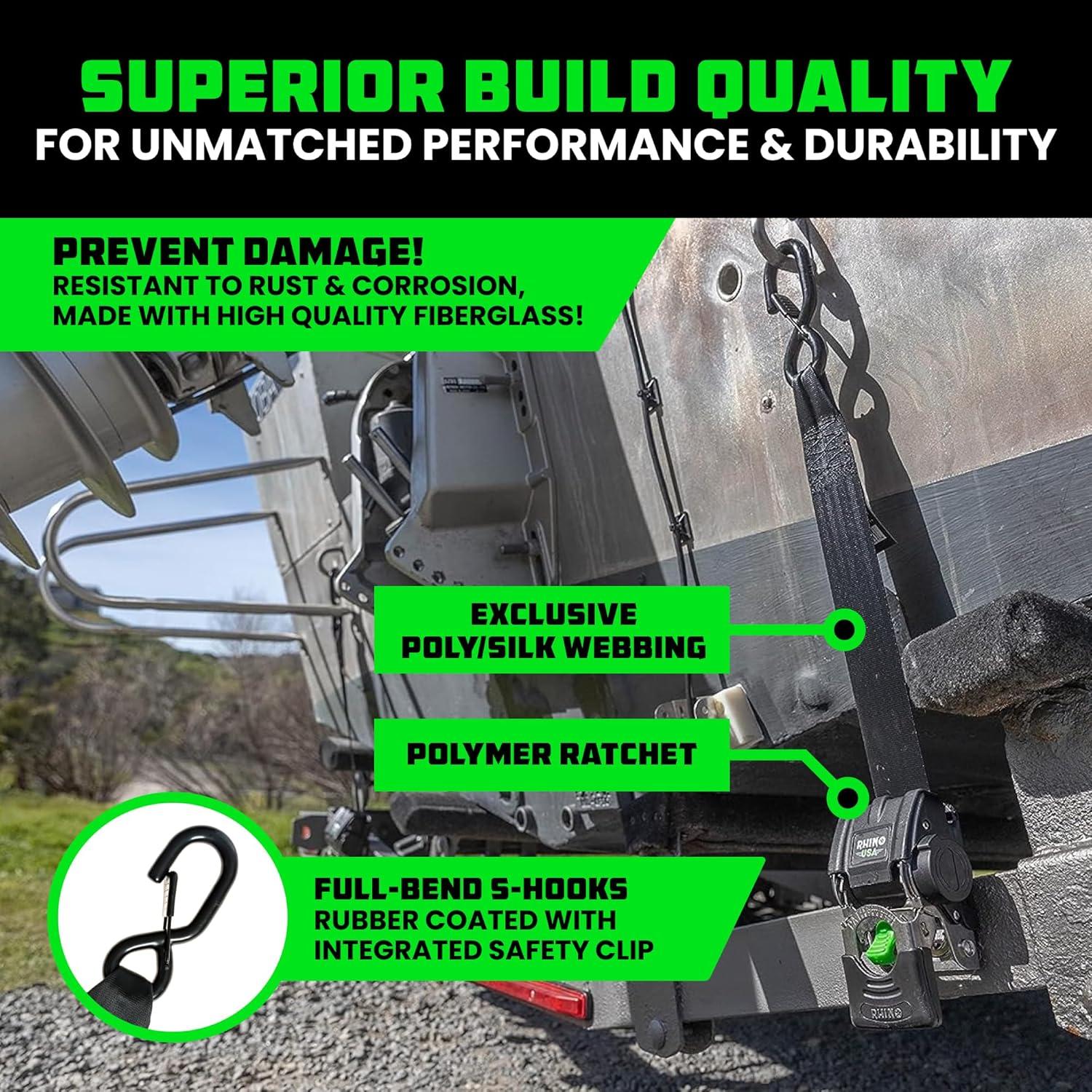 imageRhino USA Retractable Boat Trailer Tie Down Straps 2PK  Durable 2in x 43in Trailer Mount Transom Straps for Boat Jet Ski  Powder Coated Black Steel  Fresh Water CompatibleStainless Steel