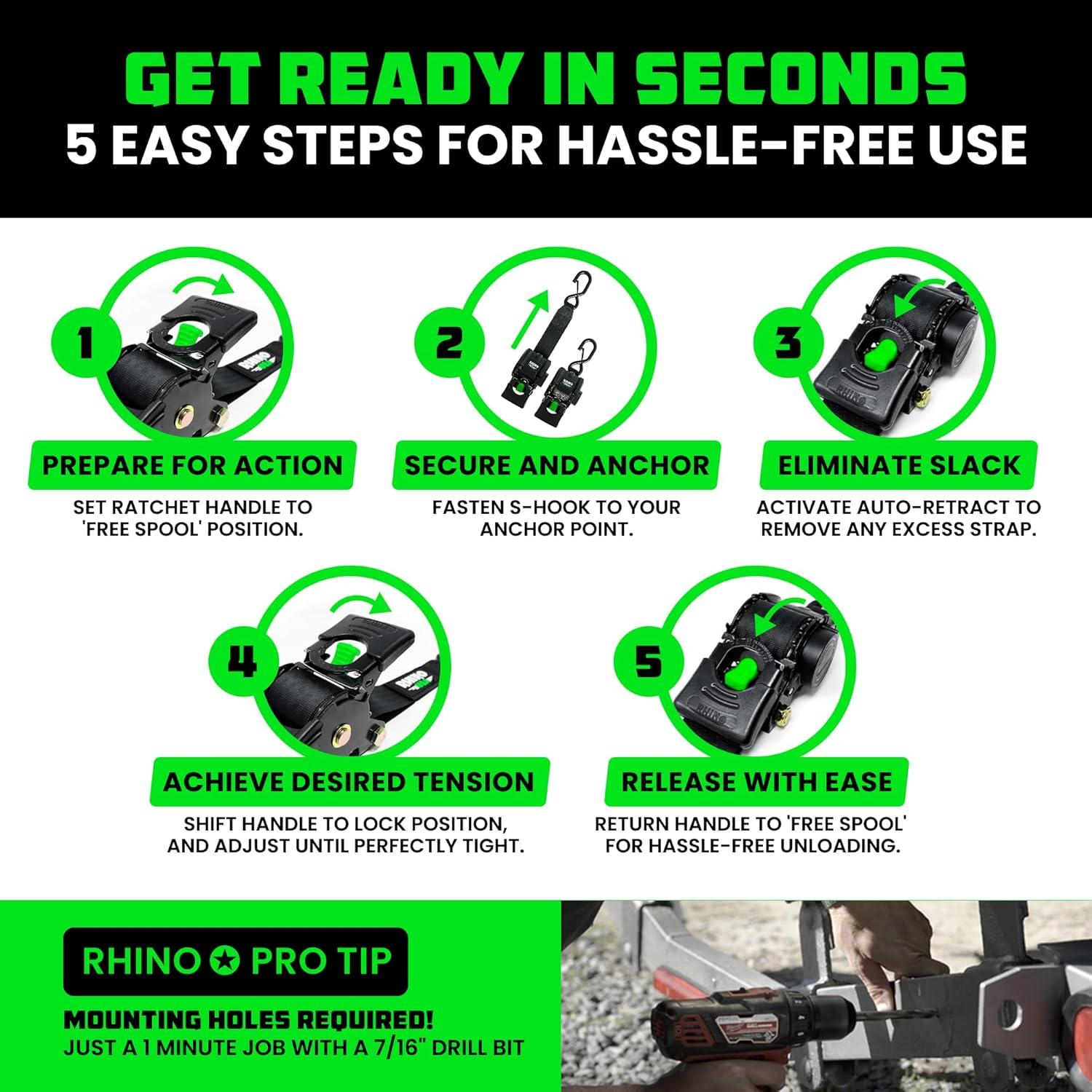 imageRhino USA Retractable Boat Trailer Tie Down Straps 2PK  Durable 2in x 43in Trailer Mount Transom Straps for Boat Jet Ski  Powder Coated Black Steel  Fresh Water CompatibleStainless Steel