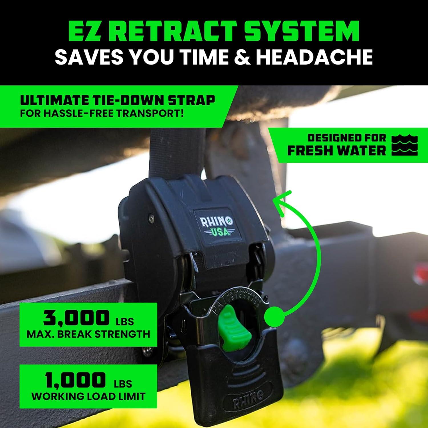 imageRhino USA Retractable Boat Trailer Tie Down Straps 2PK  Durable 2in x 43in Trailer Mount Transom Straps for Boat Jet Ski  Powder Coated Black Steel  Fresh Water CompatibleBlack Powder Coated