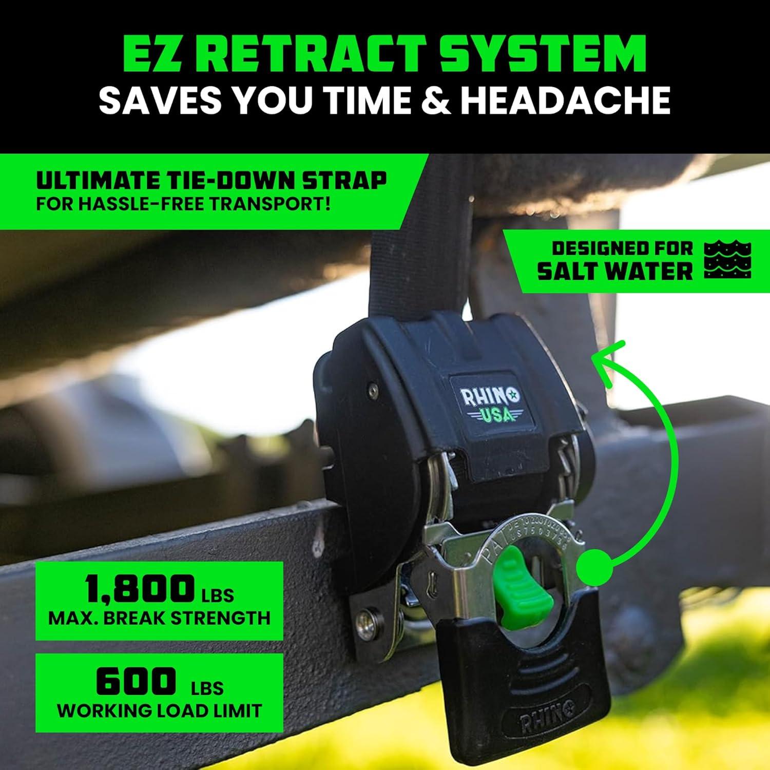 imageRhino USA Retractable Boat Trailer Tie Down Straps 2PK  Durable 2in x 43in Trailer Mount Transom Straps for Boat Jet Ski  Powder Coated Black Steel  Fresh Water CompatibleStainless Steel