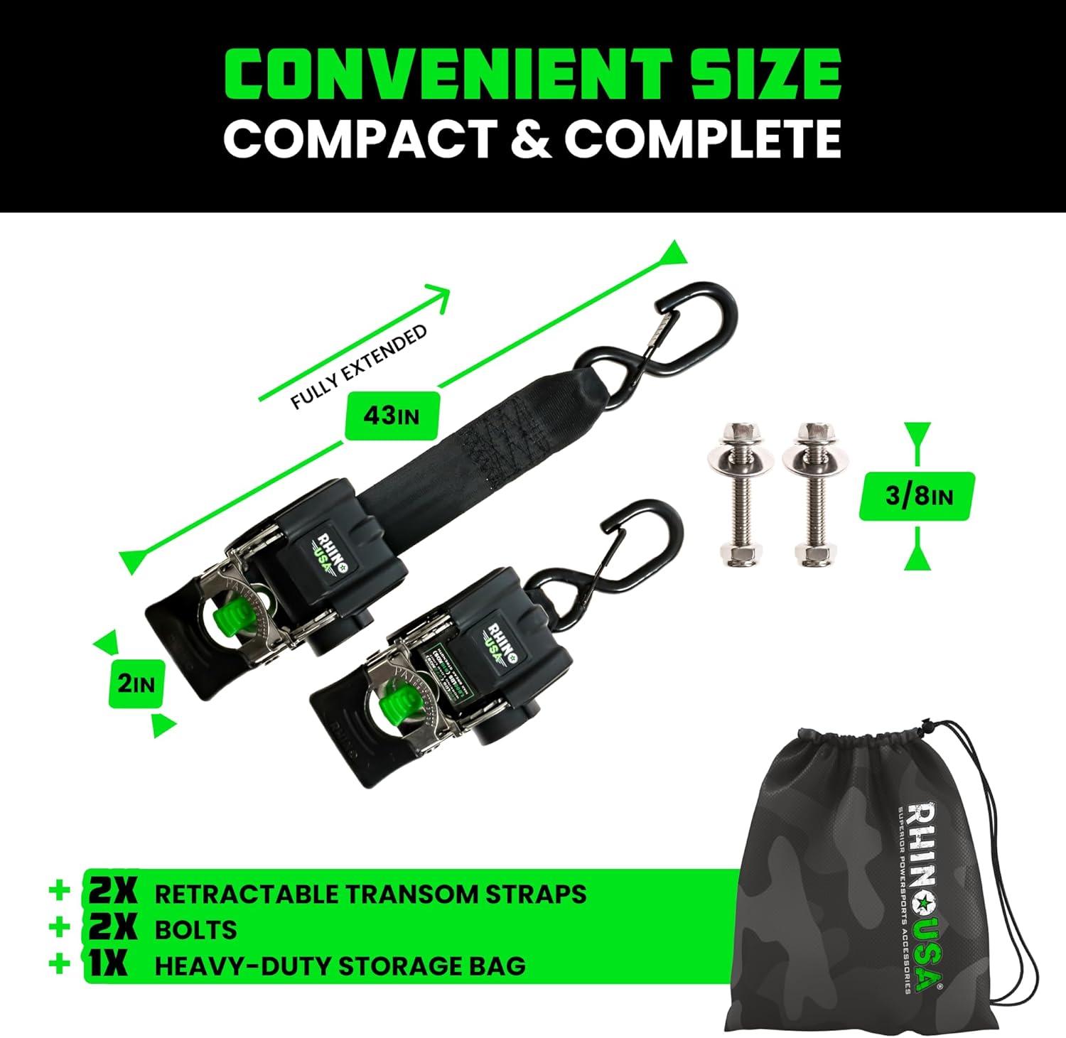 imageRhino USA Retractable Boat Trailer Tie Down Straps 2PK  Durable 2in x 43in Trailer Mount Transom Straps for Boat Jet Ski  Powder Coated Black Steel  Fresh Water CompatibleStainless Steel