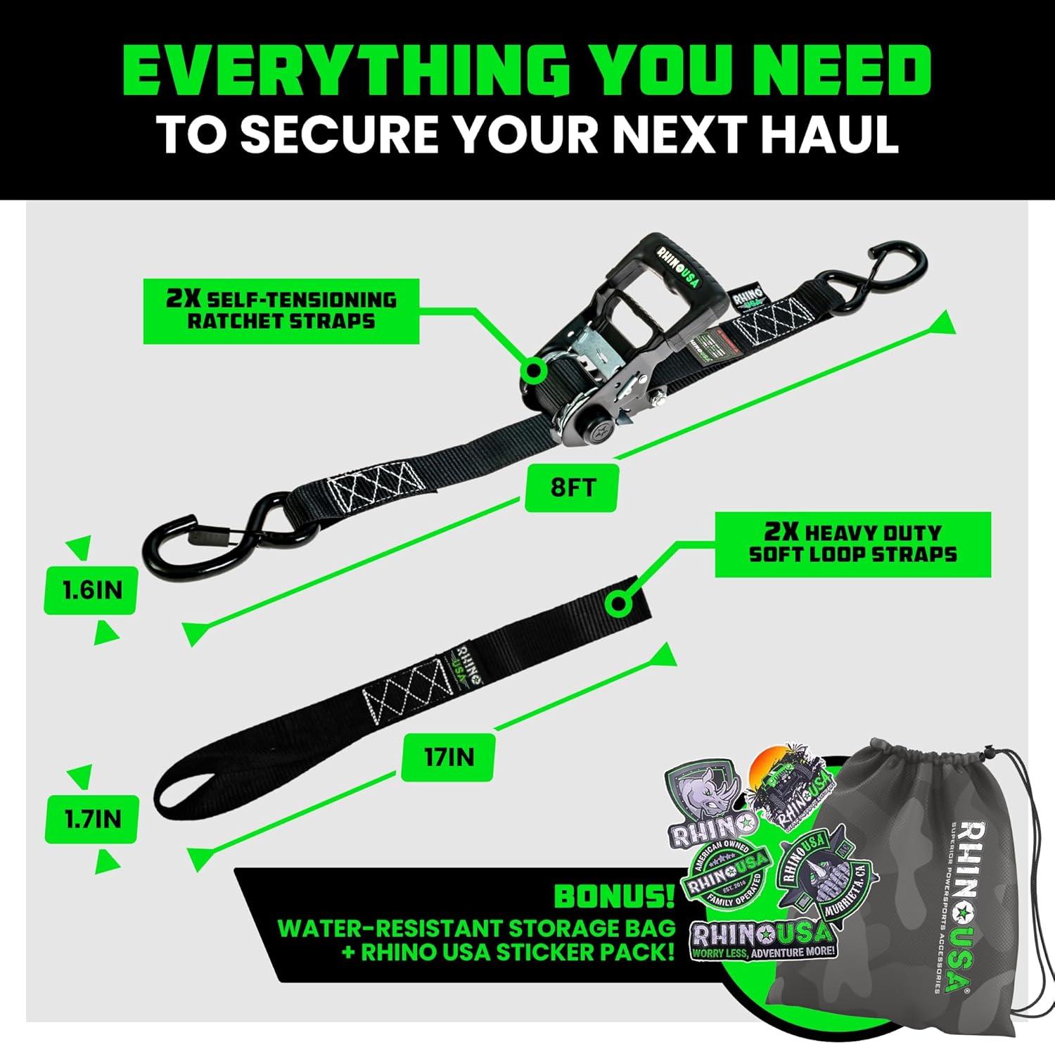 imageRhino USA Self Tensioning Ratchet Tie Down Straps 2PK 16INX15FT  Heavy Duty Patented Cargo Strap Keeps Tension When Your Load Shifts  Used for Motorcycle ATV UTV Truck General Cargo ampamp More2Pack