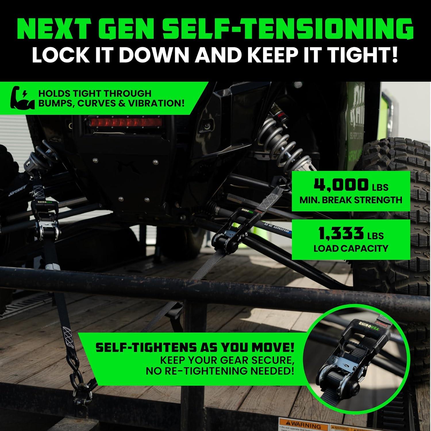 imageRhino USA Self Tensioning Ratchet Tie Down Straps 2PK 16INX15FT  Heavy Duty Patented Cargo Strap Keeps Tension When Your Load Shifts  Used for Motorcycle ATV UTV Truck General Cargo ampamp More2Pack