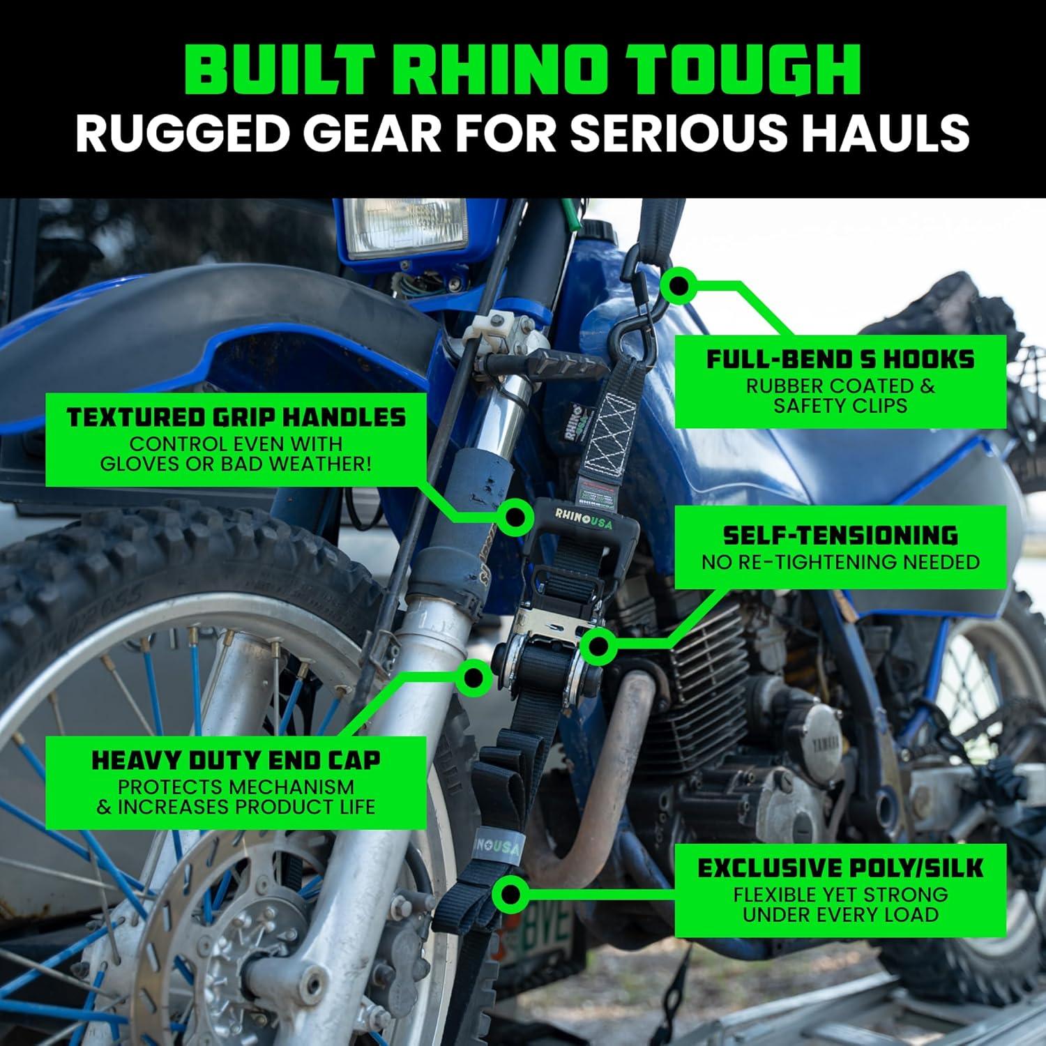 imageRhino USA Self Tensioning Ratchet Tie Down Straps 2PK 16INX15FT  Heavy Duty Patented Cargo Strap Keeps Tension When Your Load Shifts  Used for Motorcycle ATV UTV Truck General Cargo ampamp More4Pack