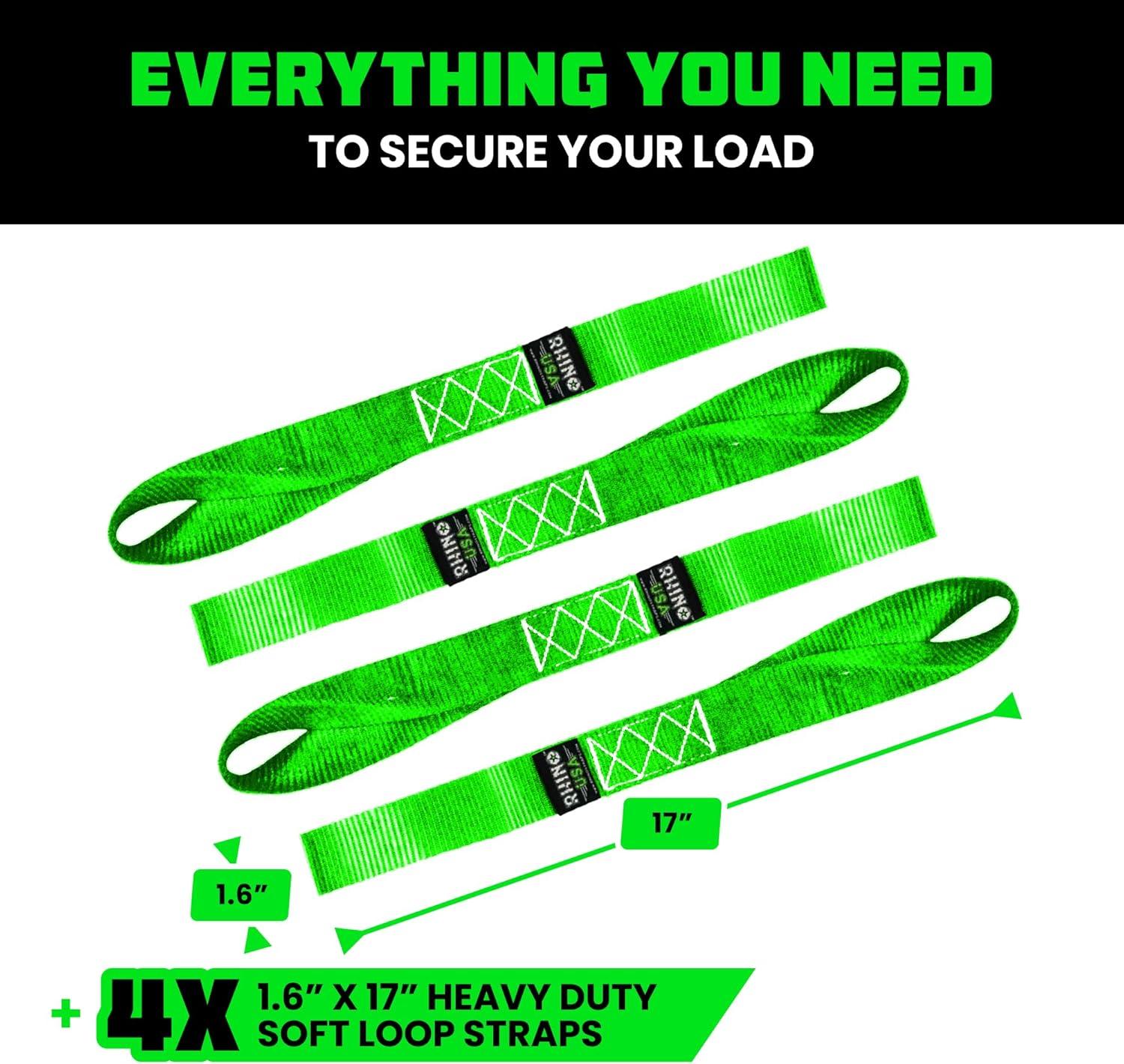 imageRhino USA Soft Loop Tie Down Straps 4Pack  16 Inch x 17 Inch 5000 lbs Break Strength Heavy Duty Motorcycle Handlebar Straps for use with Ratchets for ATV UTV Dirt Bike RedGreen 4Pack