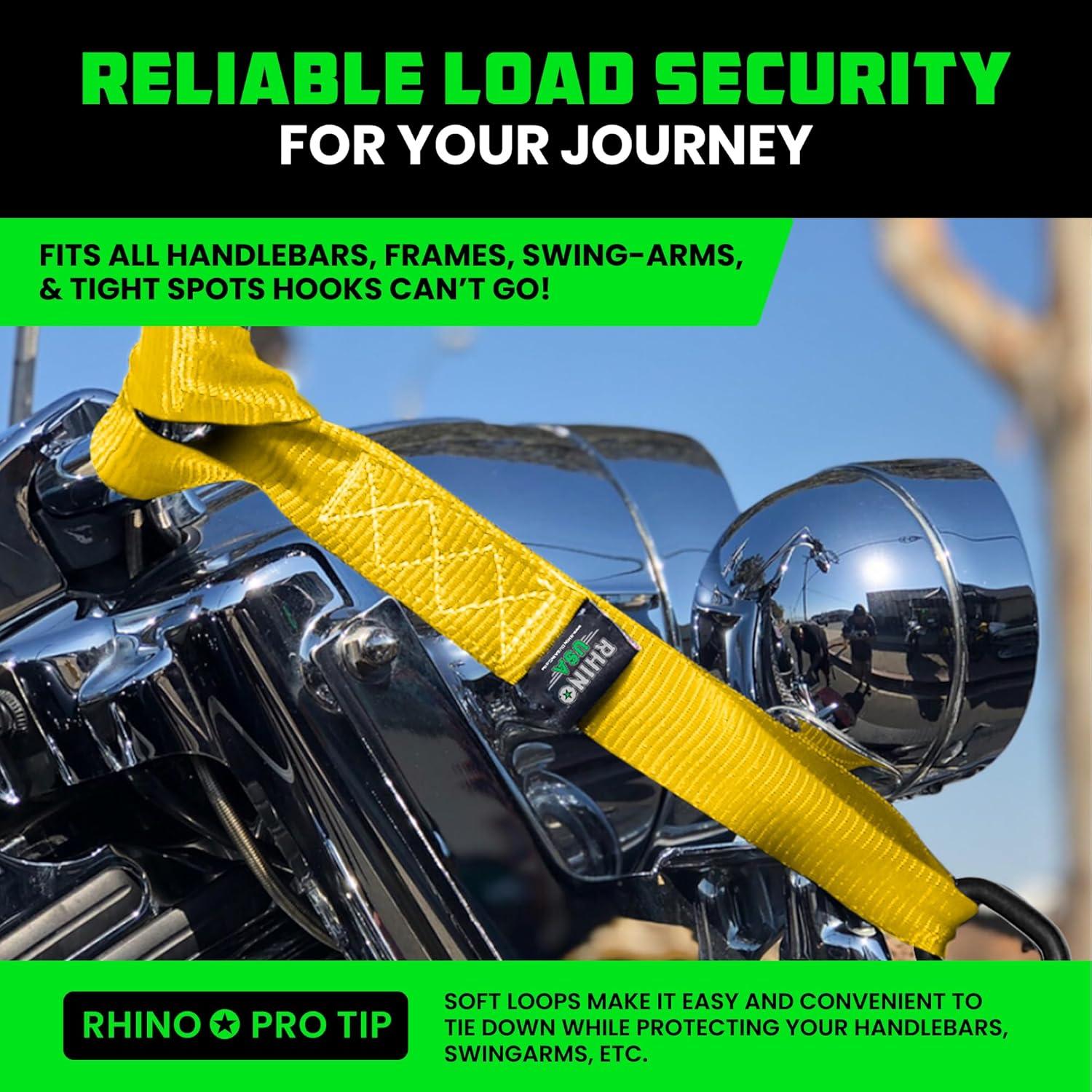 imageRhino USA Soft Loop Tie Down Straps 4Pack  16 Inch x 17 Inch 5000 lbs Break Strength Heavy Duty Motorcycle Handlebar Straps for use with Ratchets for ATV UTV Dirt Bike RedYellow 4Pack