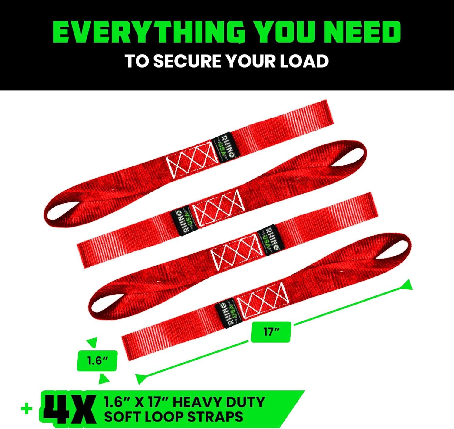 imageRhino USA Soft Loop Tie Down Straps 4Pack  16 Inch x 17 Inch 5000 lbs Break Strength Heavy Duty Motorcycle Handlebar Straps for use with Ratchets for ATV UTV Dirt Bike RedRed 4Pack