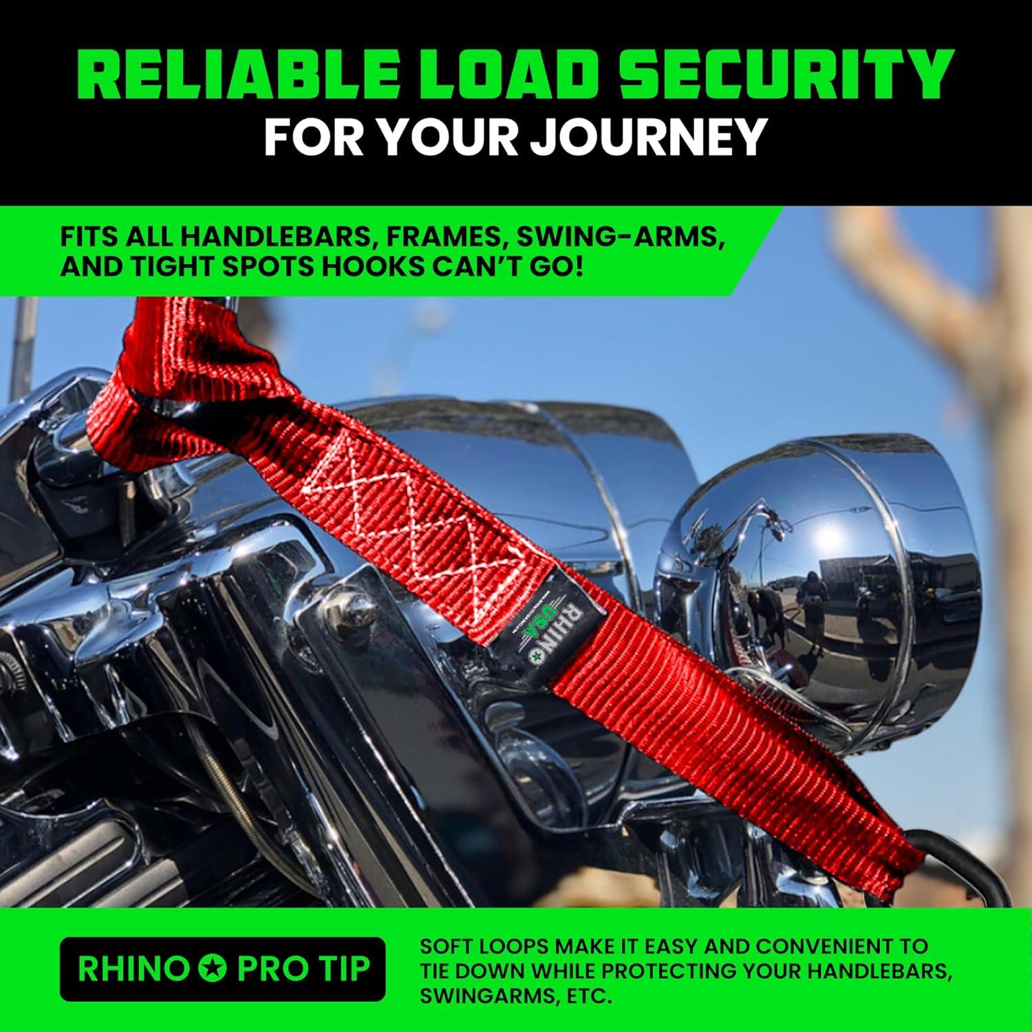imageRhino USA Soft Loop Tie Down Straps 4Pack  16 Inch x 17 Inch 5000 lbs Break Strength Heavy Duty Motorcycle Handlebar Straps for use with Ratchets for ATV UTV Dirt Bike RedRed 4Pack