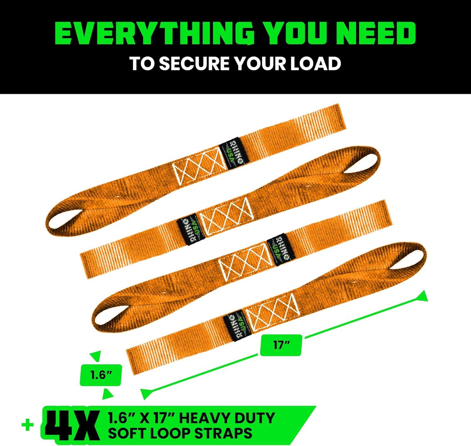 imageRhino USA Soft Loop Tie Down Straps 4Pack  16 Inch x 17 Inch 5000 lbs Break Strength Heavy Duty Motorcycle Handlebar Straps for use with Ratchets for ATV UTV Dirt Bike RedOrange 4Pack