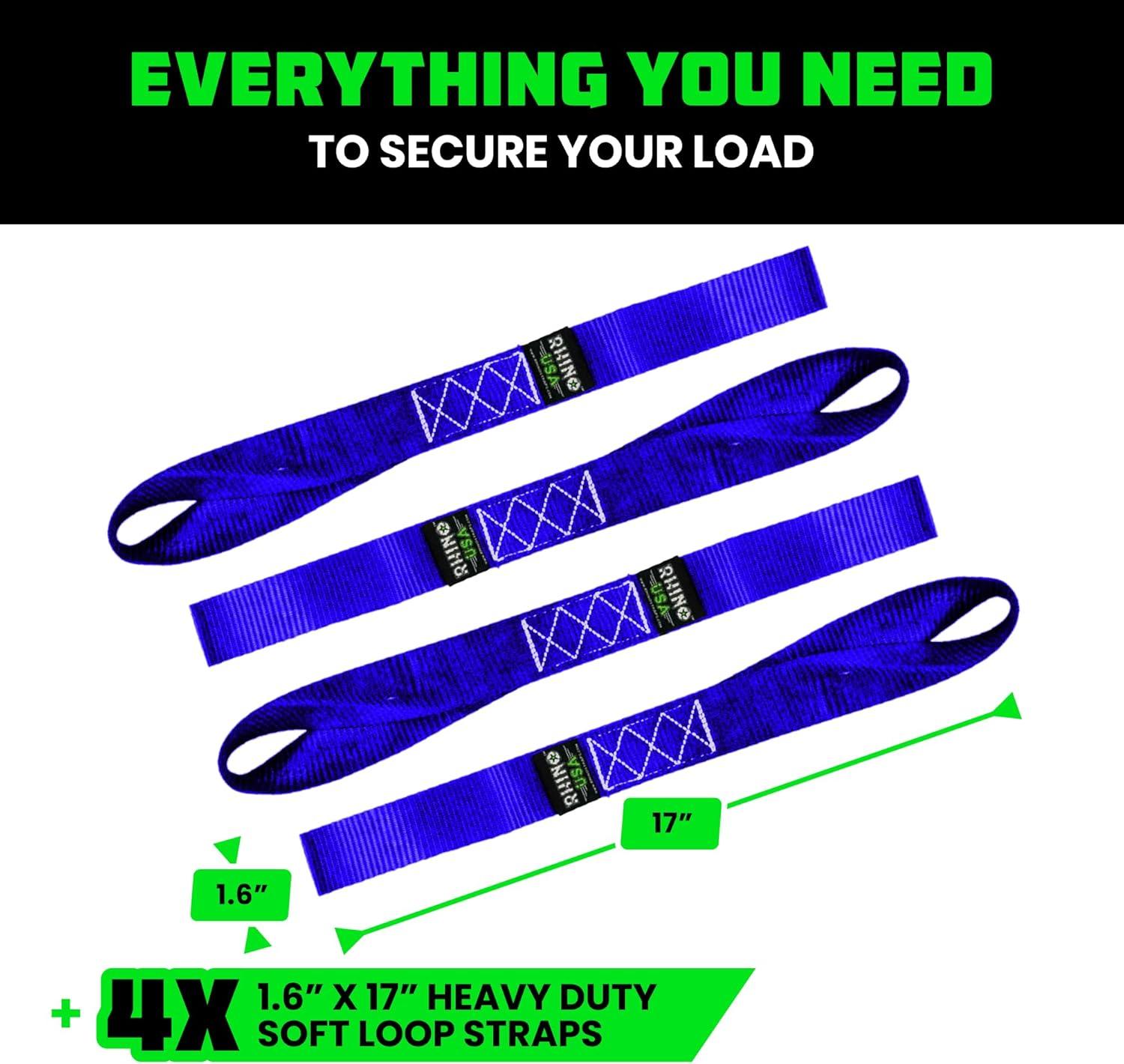 imageRhino USA Soft Loop Tie Down Straps 4Pack  16 Inch x 17 Inch 5000 lbs Break Strength Heavy Duty Motorcycle Handlebar Straps for use with Ratchets for ATV UTV Dirt Bike RedBlue 4Pack