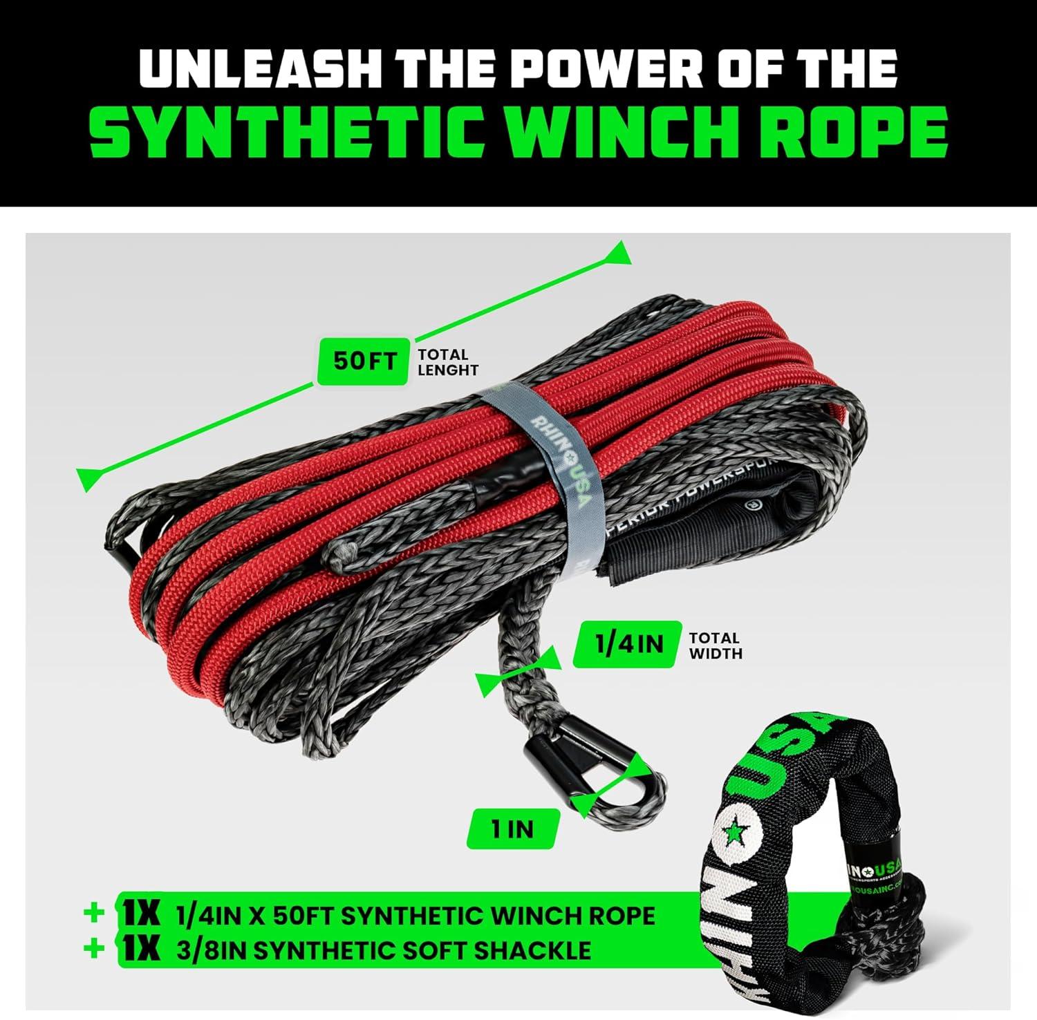 imageRhino USA Synthetic Winch Line 14quot x 50 for ATVUTV  Winch Rope for use with Polaris RZR Can Am  Ultimate UTV AccesoriesBlack