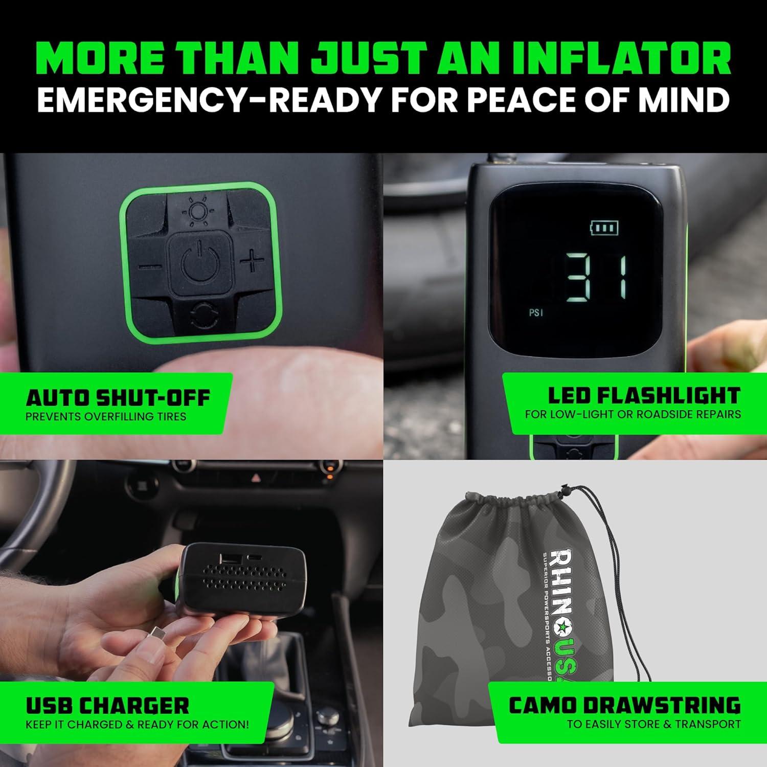 imageRhino USA Tire Inflator Portable Air Compressor 150 PSI Upgraded Air Pump for Car Tires with Digital Pressure Gauge  Best Mini Air Pump for Bike Tires with Dual LCD Screen Black ampamp GreenBlack