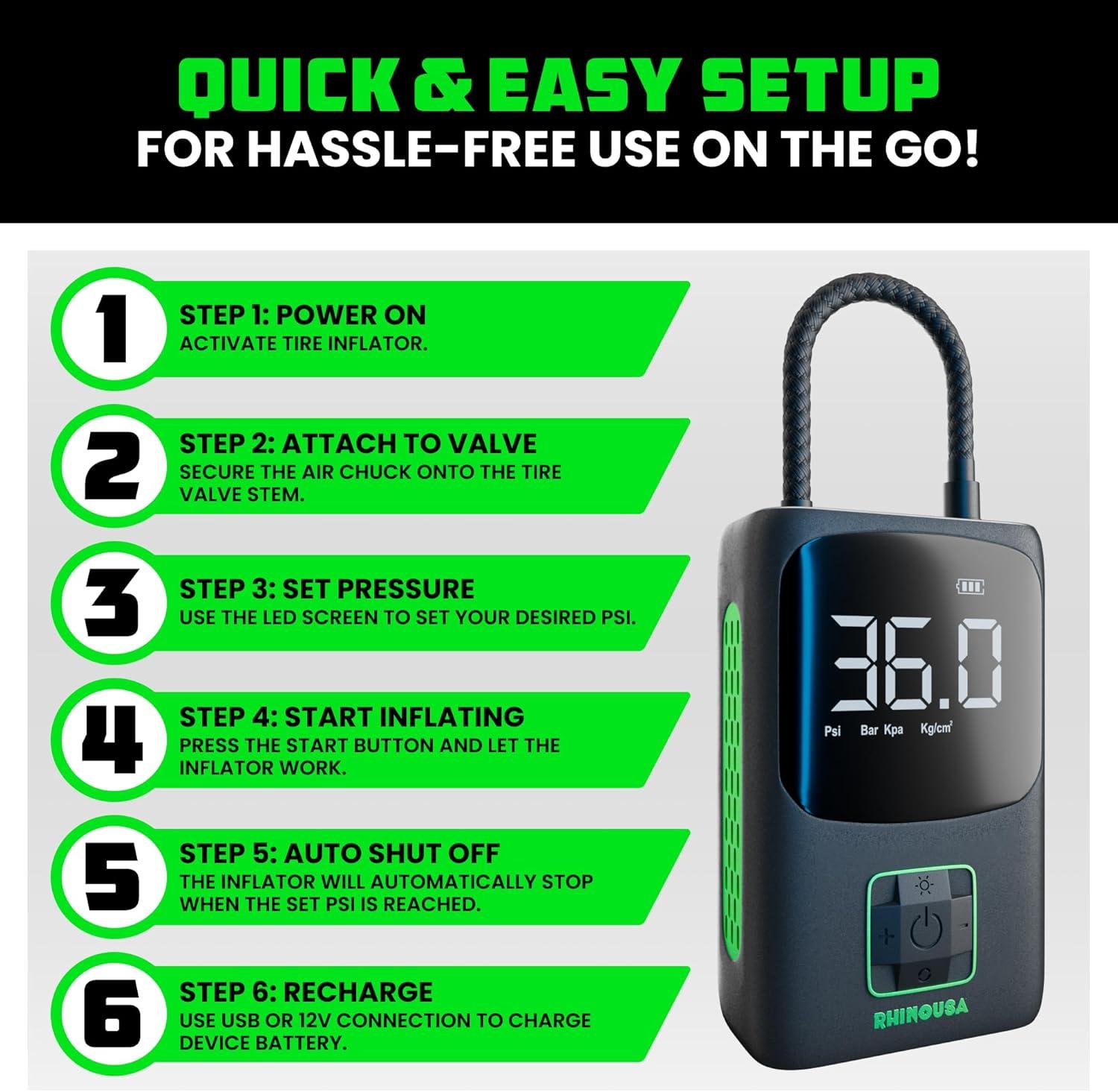 imageRhino USA Tire Inflator Portable Air Compressor 150 PSI Upgraded Air Pump for Car Tires with Digital Pressure Gauge  Best Mini Air Pump for Bike Tires with Dual LCD Screen Black ampamp GreenBlack