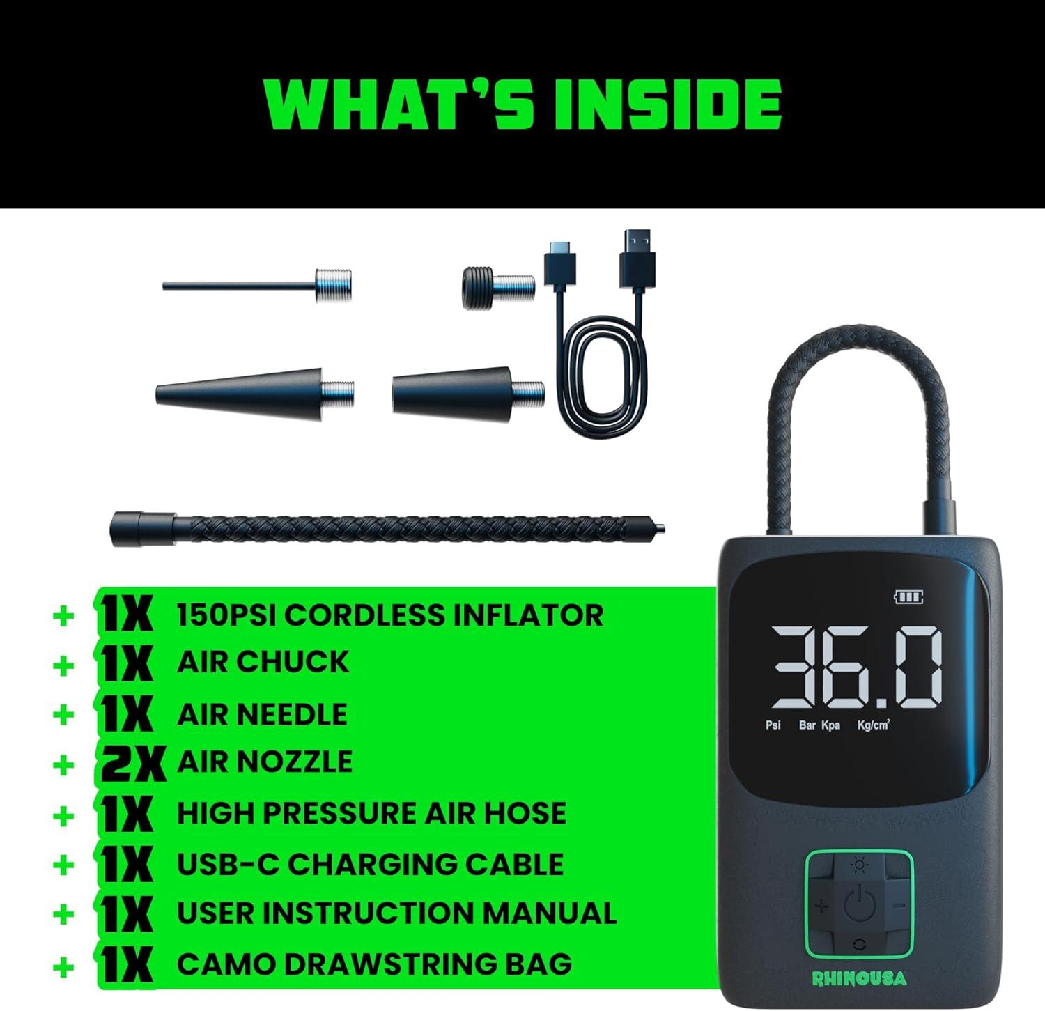 imageRhino USA Tire Inflator Portable Air Compressor 150 PSI Upgraded Air Pump for Car Tires with Digital Pressure Gauge  Best Mini Air Pump for Bike Tires with Dual LCD Screen Black ampamp GreenBlack