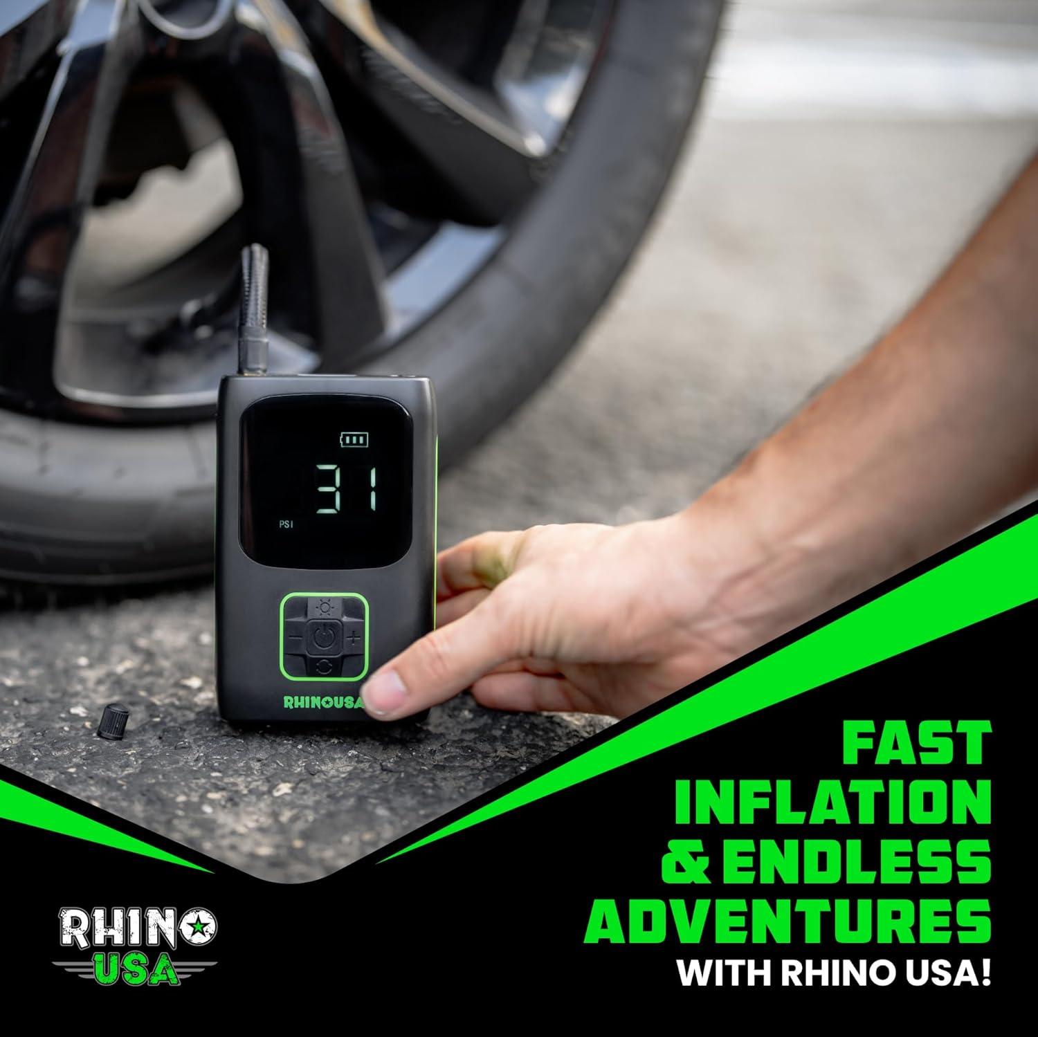 imageRhino USA Tire Inflator Portable Air Compressor 150 PSI Upgraded Air Pump for Car Tires with Digital Pressure Gauge  Best Mini Air Pump for Bike Tires with Dual LCD Screen Black ampamp GreenBlack