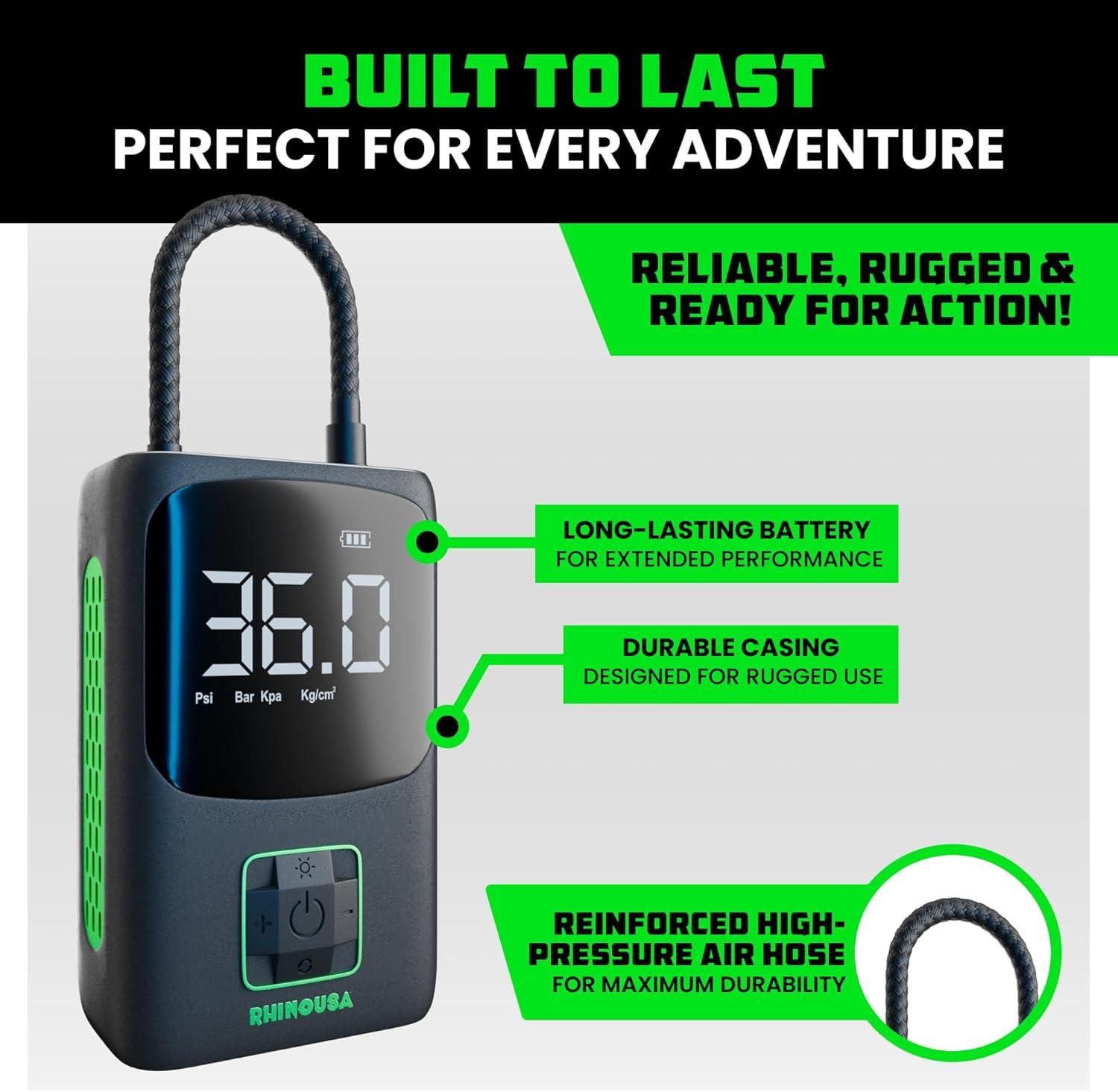 imageRhino USA Tire Inflator Portable Air Compressor 150 PSI Upgraded Air Pump for Car Tires with Digital Pressure Gauge  Best Mini Air Pump for Bike Tires with Dual LCD Screen Black ampamp GreenBlack