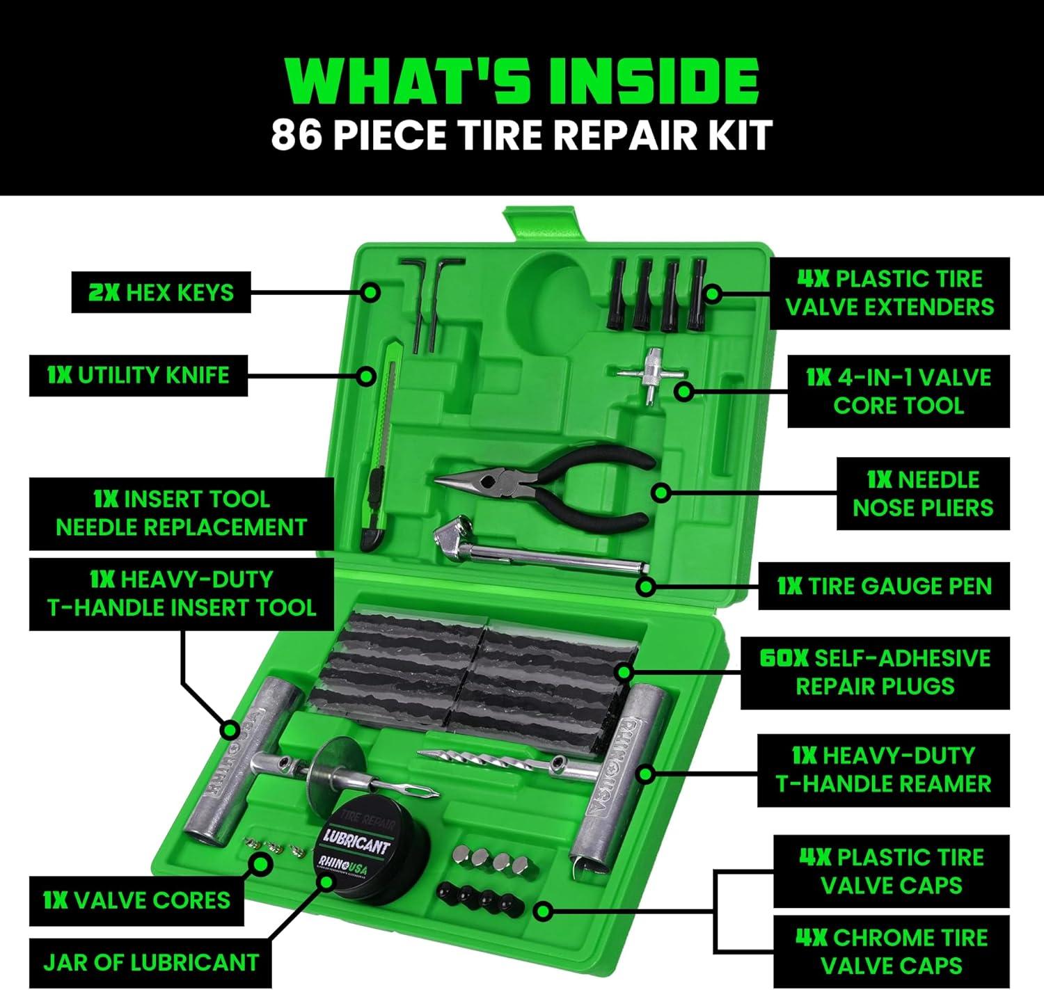 imageRhino USA Tire Repair Kit 86Piece Professional Heavy Duty Tire Plug Kit to Fix Punctures ampamp Patch Flats with Ease  Ultimate Tubeless Tire Repair Tools for Car Motorcycle ATV UTV RV and Trailer86 Piece Set