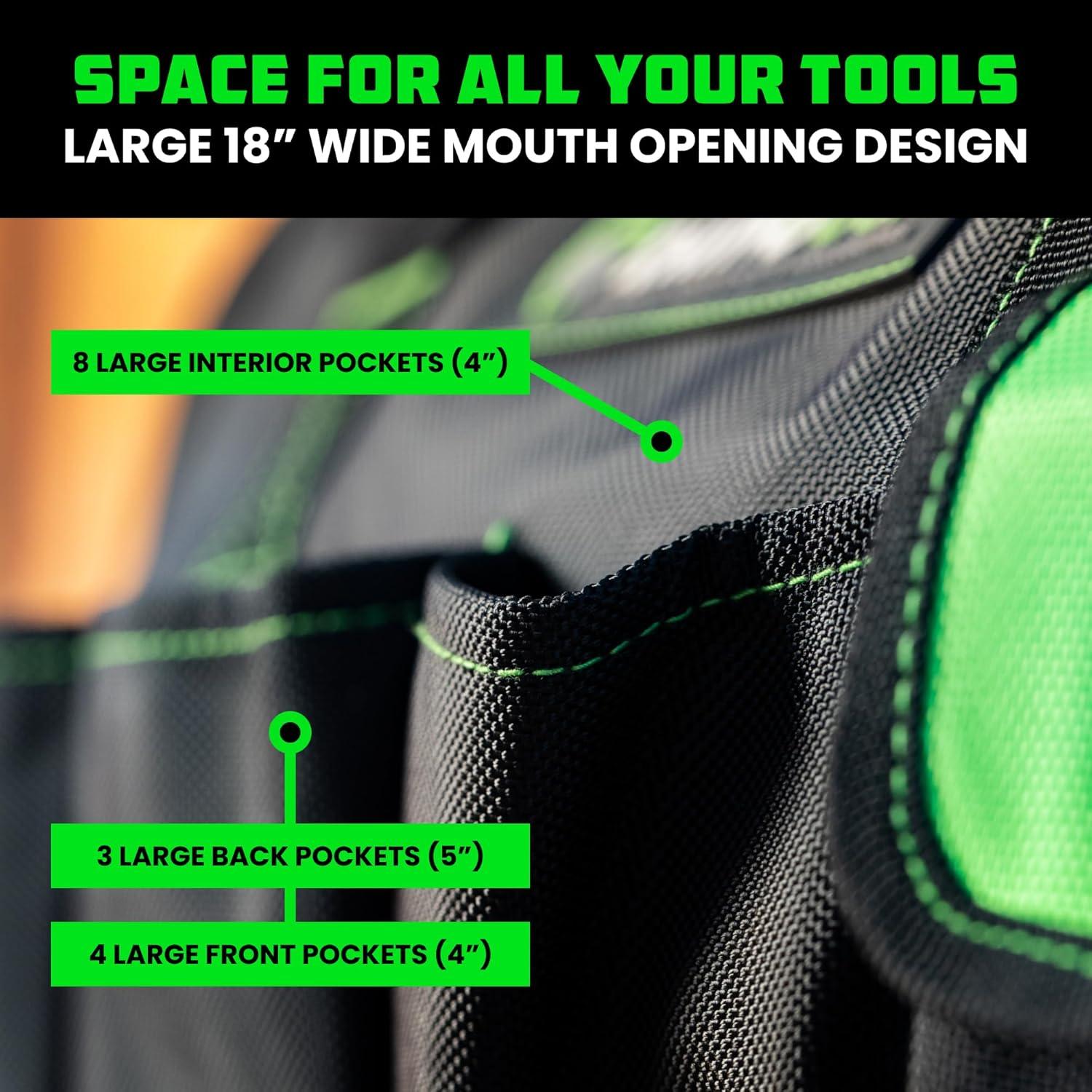 imageRhino USA Tool Bag 18Inch Heavy Duty Wide Mouth Tool Tote with Zipper for Men  Large Tools Bags with Extra Side Storage Pockets Reinforced Shoulder Strap ampamp Upgraded Metal Clips BlackBlack