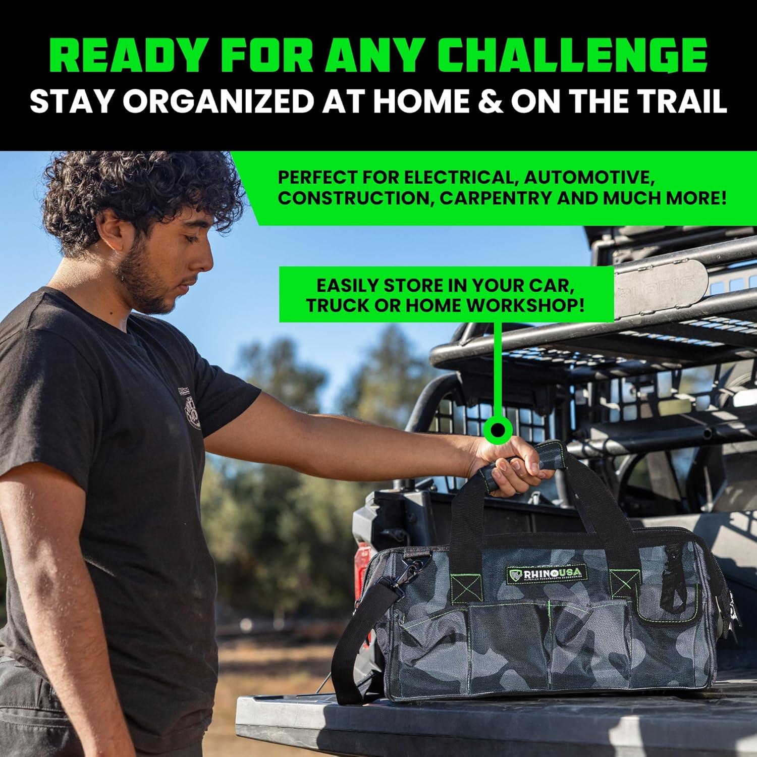 imageRhino USA Tool Bag 18Inch Heavy Duty Wide Mouth Tool Tote with Zipper for Men  Large Tools Bags with Extra Side Storage Pockets Reinforced Shoulder Strap ampamp Upgraded Metal Clips BlackCAMO