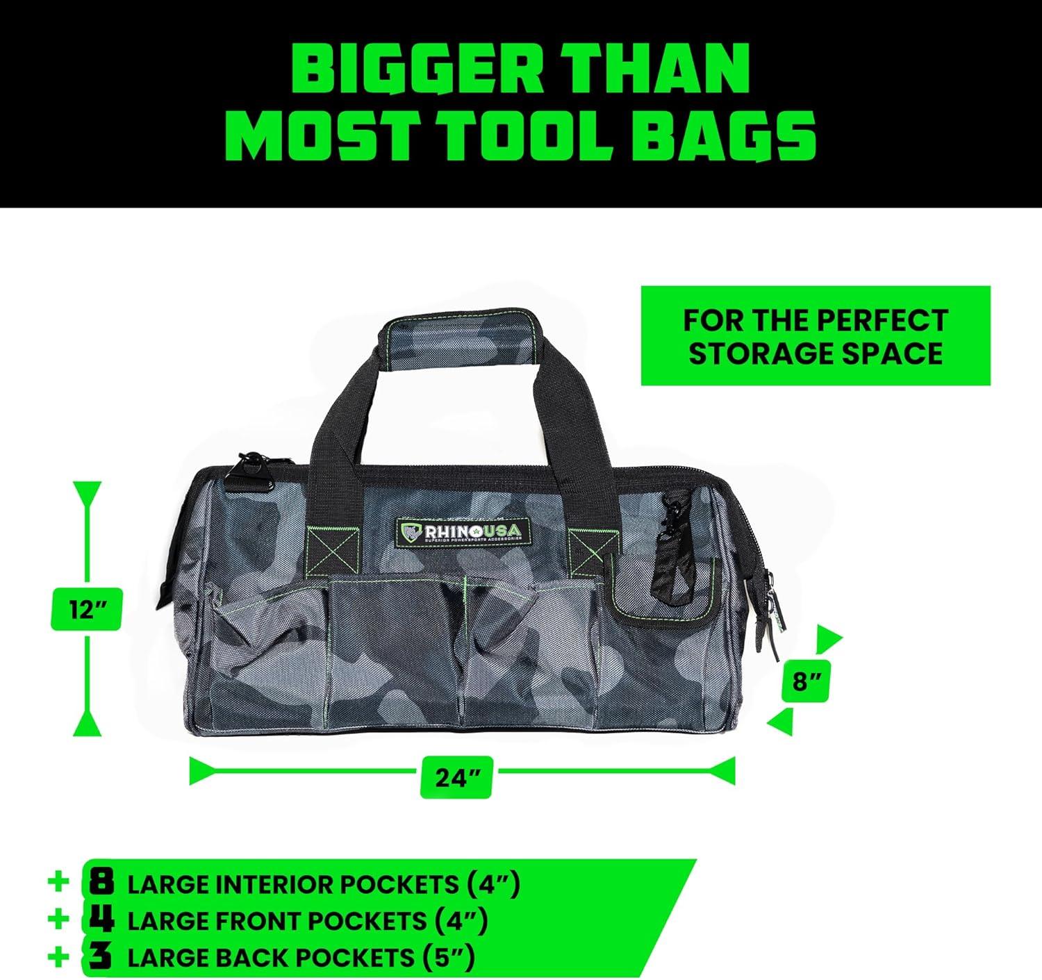 imageRhino USA Tool Bag 18Inch Heavy Duty Wide Mouth Tool Tote with Zipper for Men  Large Tools Bags with Extra Side Storage Pockets Reinforced Shoulder Strap ampamp Upgraded Metal Clips BlackCAMO