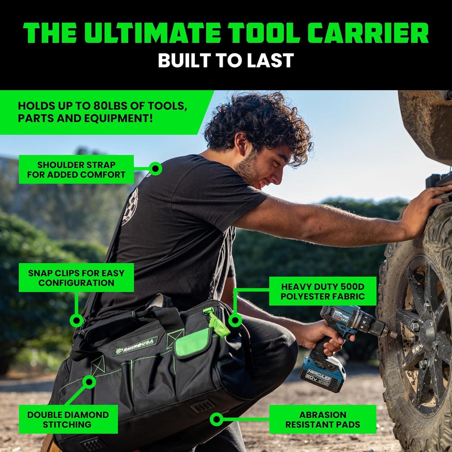 imageRhino USA Tool Bag 18Inch Heavy Duty Wide Mouth Tool Tote with Zipper for Men  Large Tools Bags with Extra Side Storage Pockets Reinforced Shoulder Strap ampamp Upgraded Metal Clips BlackBlack