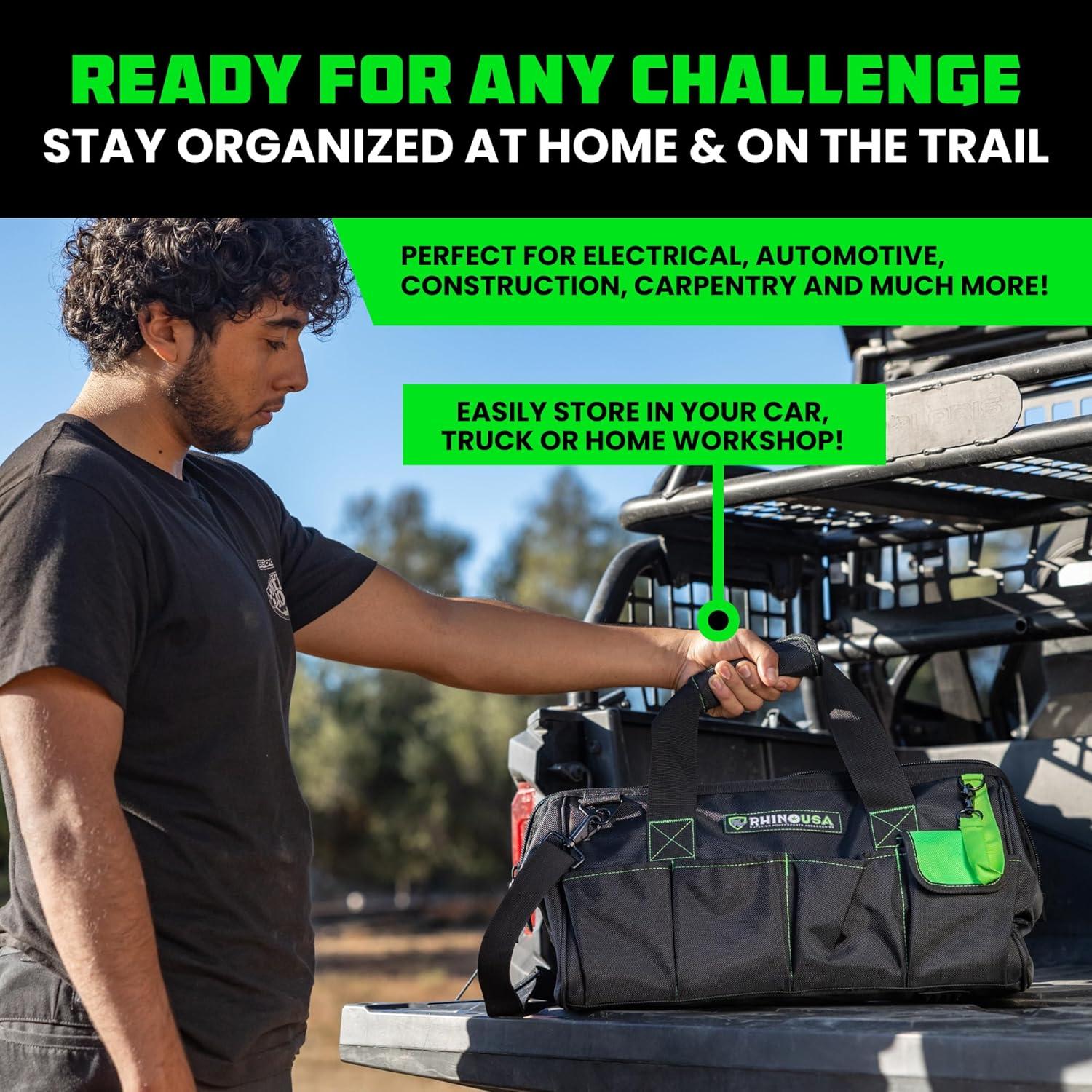 imageRhino USA Tool Bag 18Inch Heavy Duty Wide Mouth Tool Tote with Zipper for Men  Large Tools Bags with Extra Side Storage Pockets Reinforced Shoulder Strap ampamp Upgraded Metal Clips BlackBlack