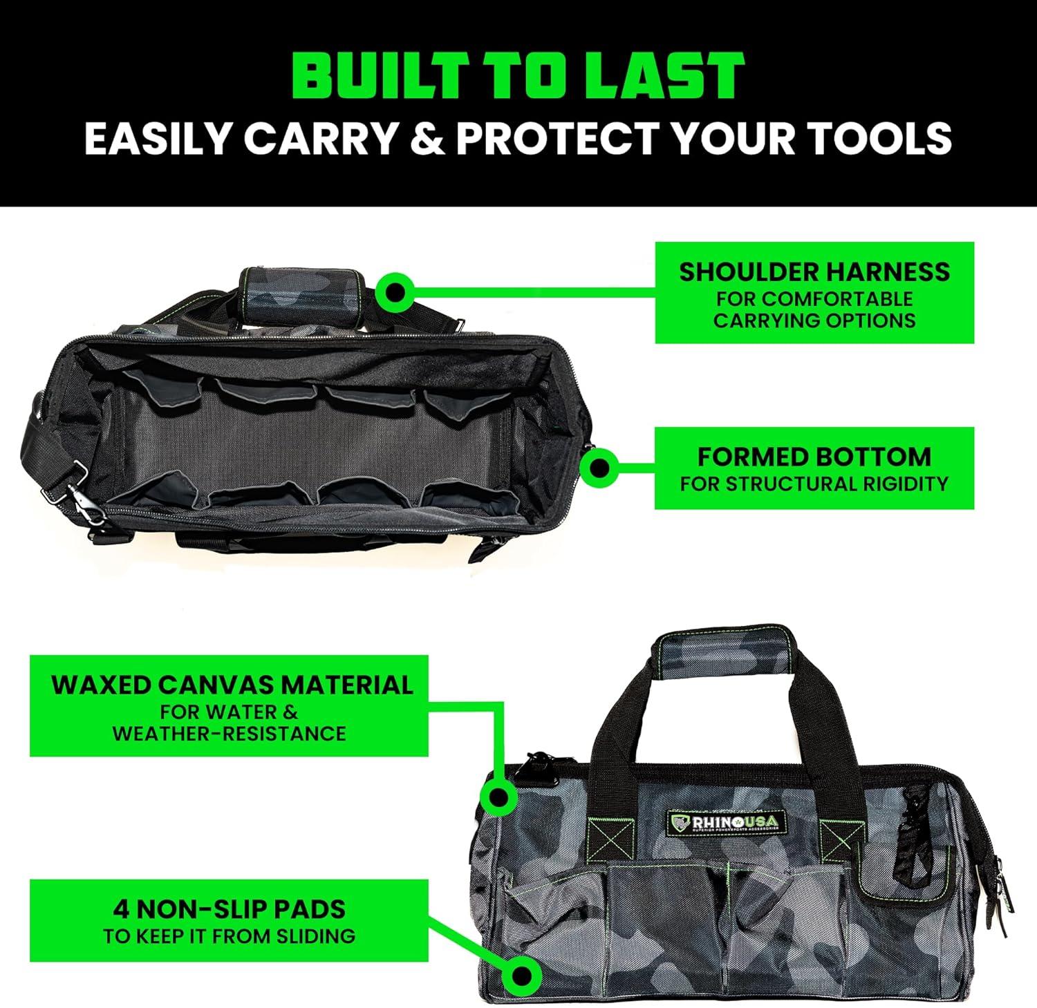 imageRhino USA Tool Bag 18Inch Heavy Duty Wide Mouth Tool Tote with Zipper for Men  Large Tools Bags with Extra Side Storage Pockets Reinforced Shoulder Strap ampamp Upgraded Metal Clips BlackCAMO
