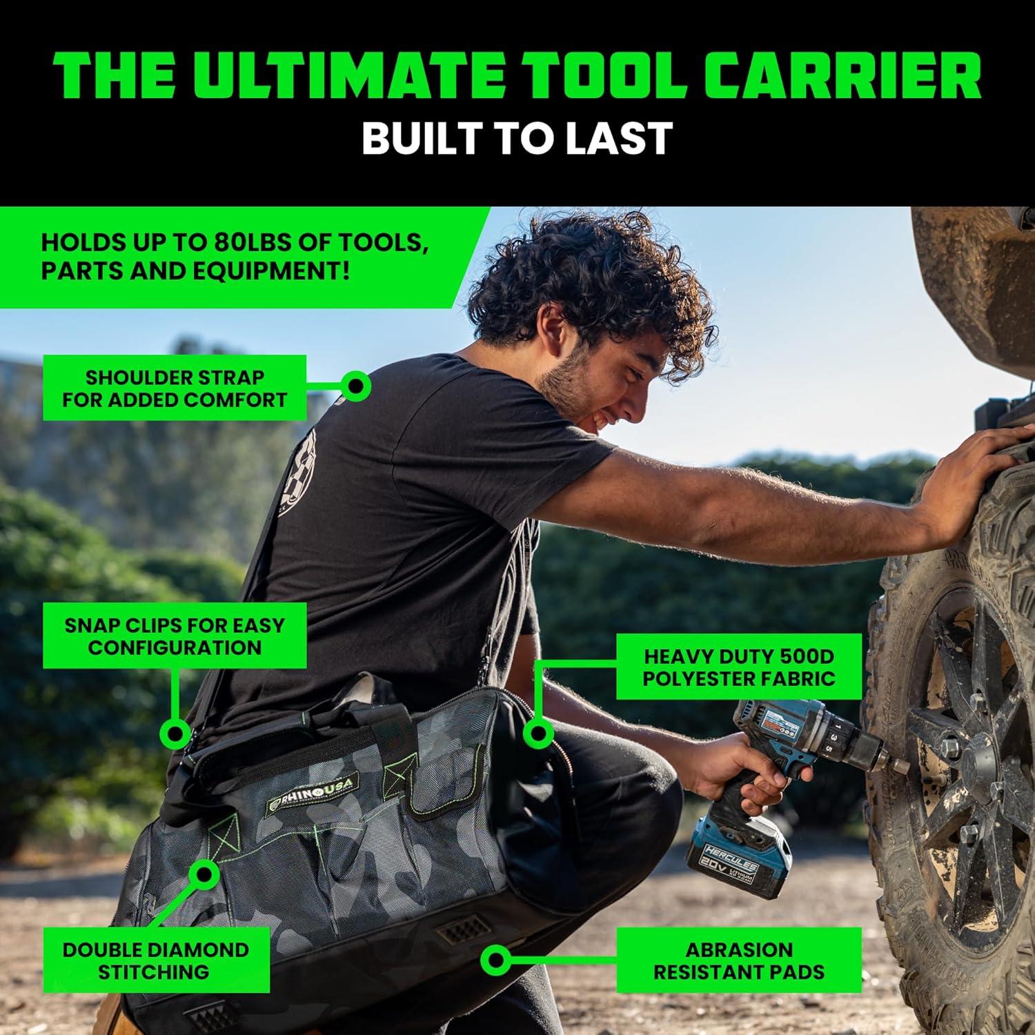 imageRhino USA Tool Bag 18Inch Heavy Duty Wide Mouth Tool Tote with Zipper for Men  Large Tools Bags with Extra Side Storage Pockets Reinforced Shoulder Strap ampamp Upgraded Metal Clips BlackCAMO