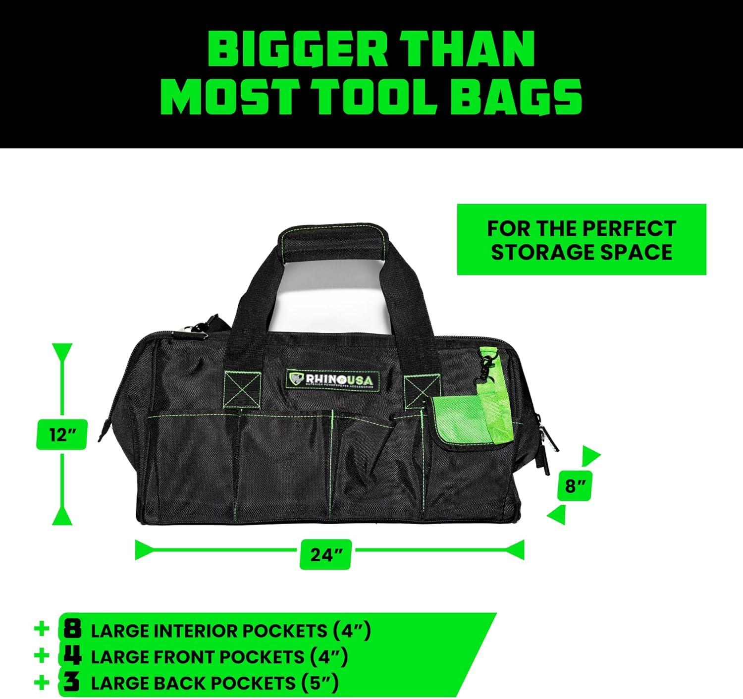 imageRhino USA Tool Bag 18Inch Heavy Duty Wide Mouth Tool Tote with Zipper for Men  Large Tools Bags with Extra Side Storage Pockets Reinforced Shoulder Strap ampamp Upgraded Metal Clips BlackBlack