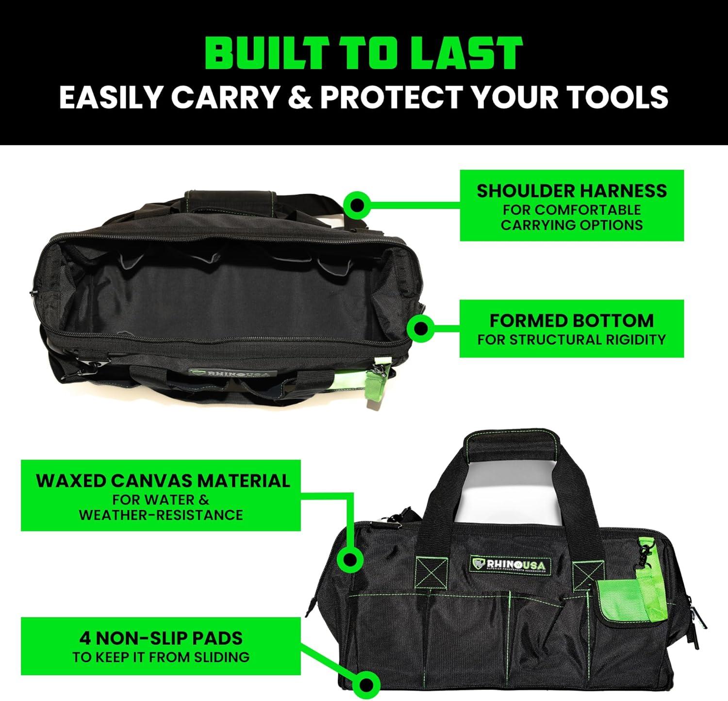imageRhino USA Tool Bag 18Inch Heavy Duty Wide Mouth Tool Tote with Zipper for Men  Large Tools Bags with Extra Side Storage Pockets Reinforced Shoulder Strap ampamp Upgraded Metal Clips BlackBlack