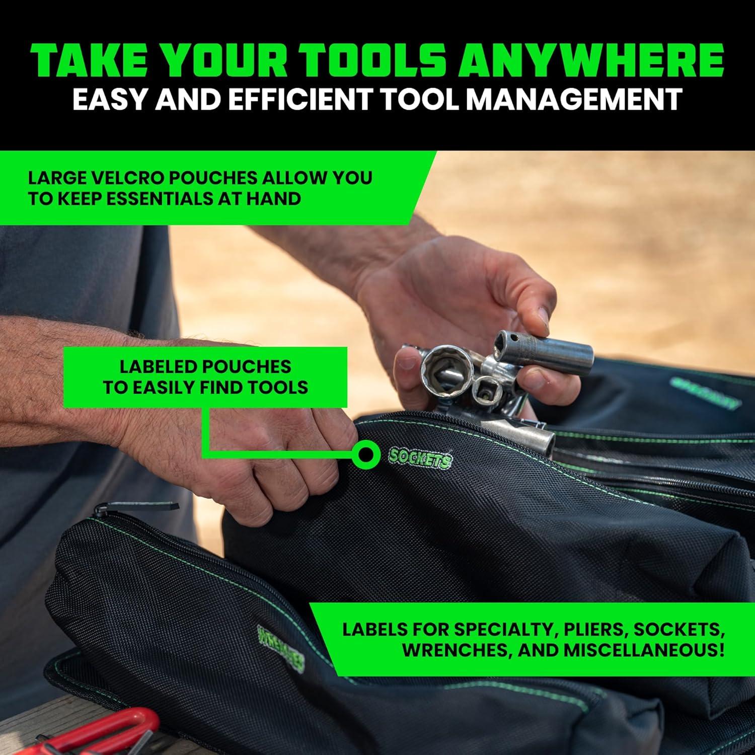 imageRhino USA Tool Bag Roll  Heavy Duty Canvas Organizer Pouch for Tools  Ultimate Travel Tool Storage Kit for UTV Car Truck 4x4 Offroad  Upgraded with Labeled ampamp Removable Pouches  Secured for LifeGreen Black