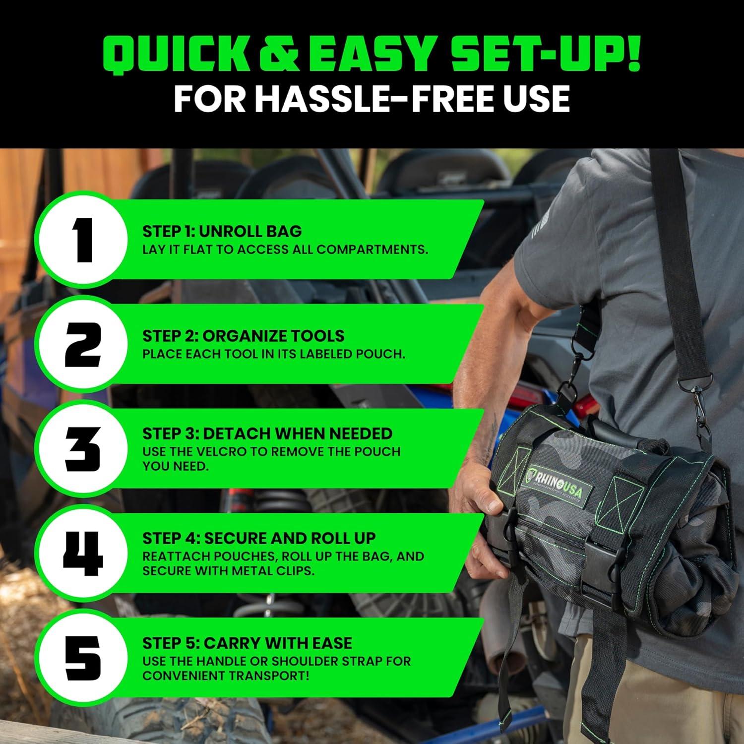 imageRhino USA Tool Bag Roll  Heavy Duty Canvas Organizer Pouch for Tools  Ultimate Travel Tool Storage Kit for UTV Car Truck 4x4 Offroad  Upgraded with Labeled ampamp Removable Pouches  Secured for LifeCamo