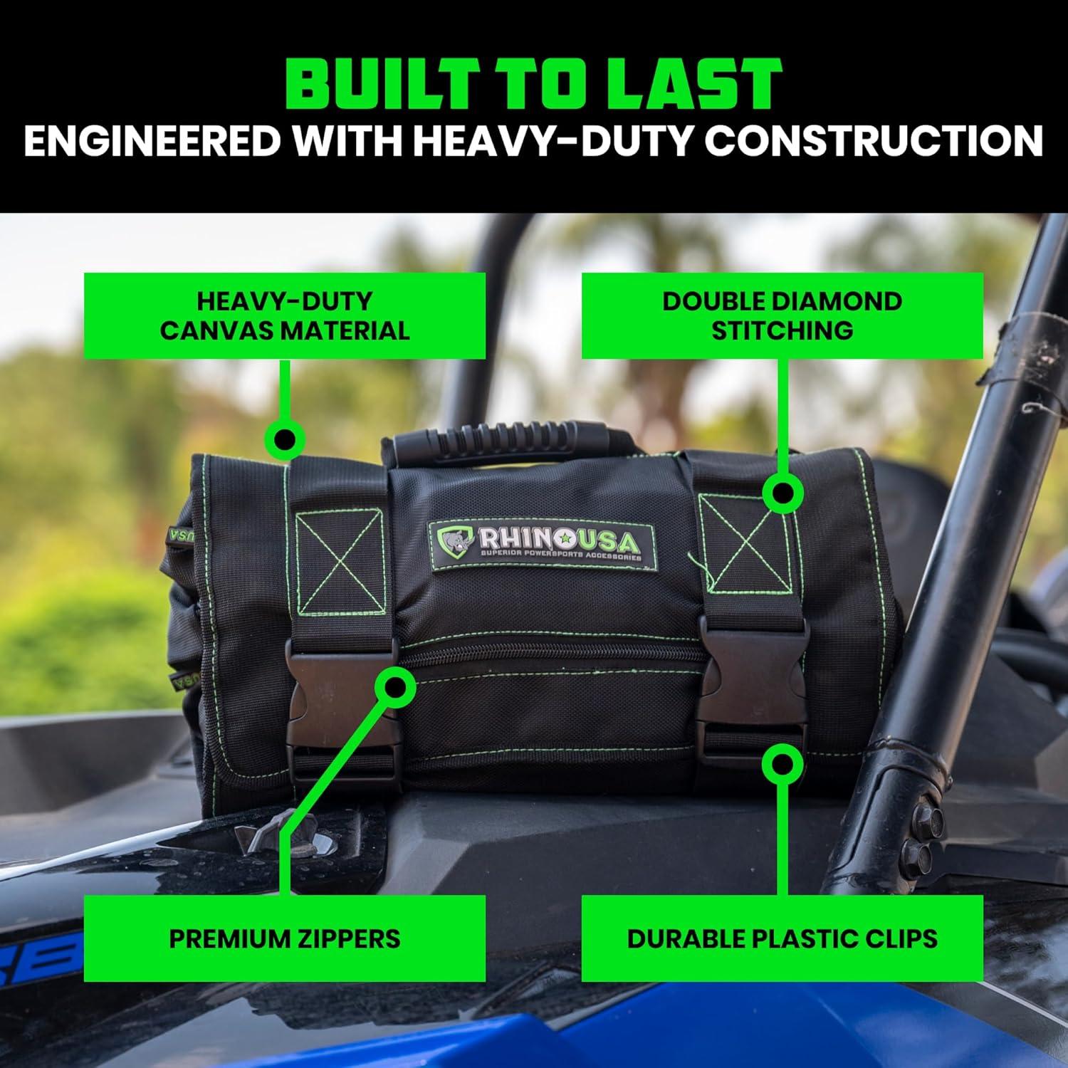 imageRhino USA Tool Bag Roll  Heavy Duty Canvas Organizer Pouch for Tools  Ultimate Travel Tool Storage Kit for UTV Car Truck 4x4 Offroad  Upgraded with Labeled ampamp Removable Pouches  Secured for LifeGreen Black
