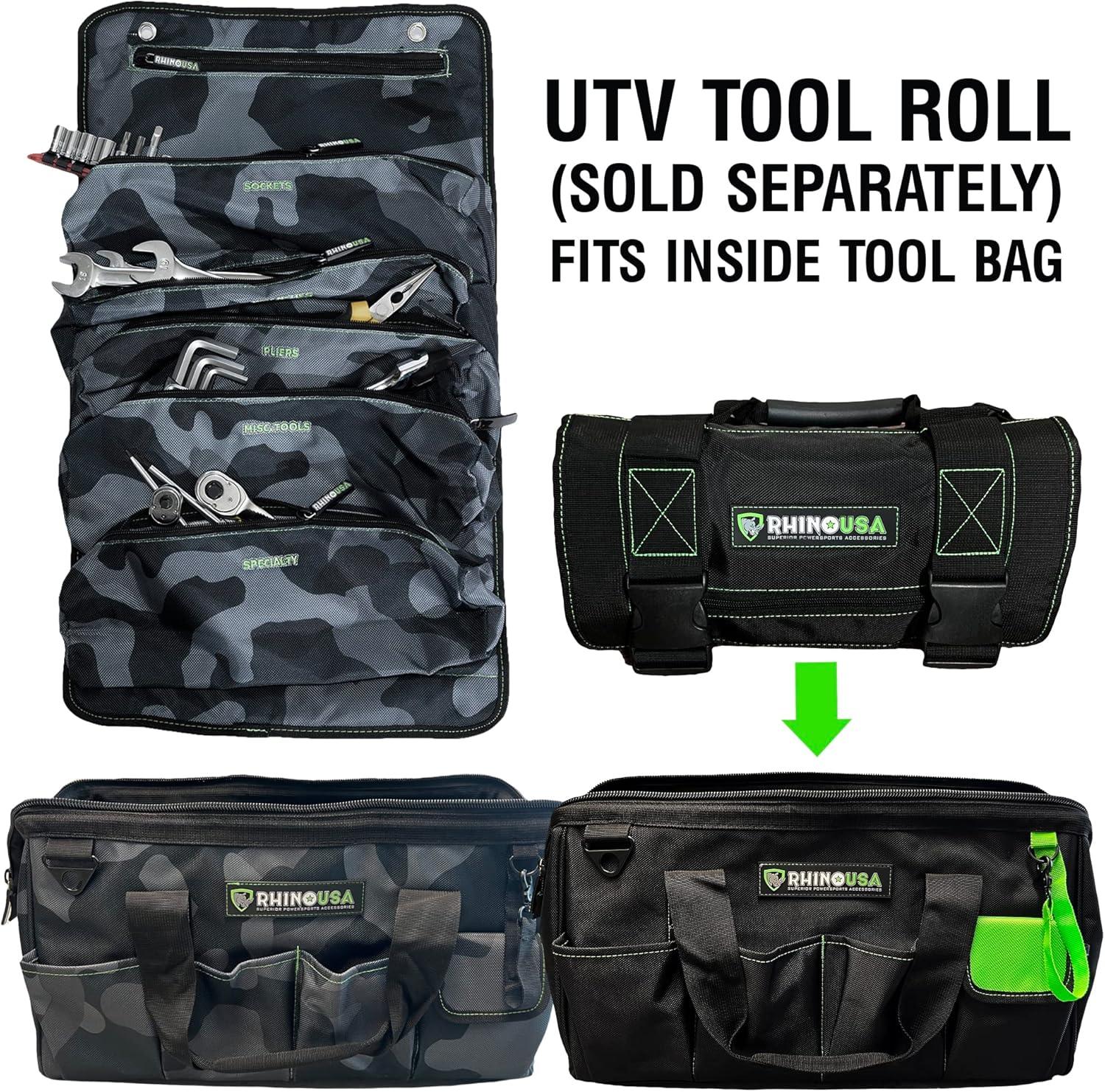 imageRhino USA Tool Bag Roll  Heavy Duty Canvas Organizer Pouch for Tools  Ultimate Travel Tool Storage Kit for UTV Car Truck 4x4 Offroad  Upgraded with Labeled ampamp Removable Pouches  Secured for LifeGreen Black