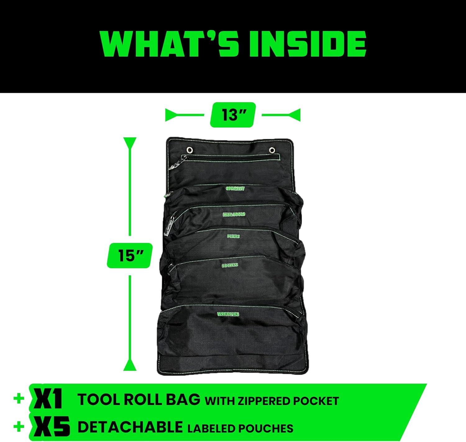 imageRhino USA Tool Bag Roll  Heavy Duty Canvas Organizer Pouch for Tools  Ultimate Travel Tool Storage Kit for UTV Car Truck 4x4 Offroad  Upgraded with Labeled ampamp Removable Pouches  Secured for LifeGreen Black