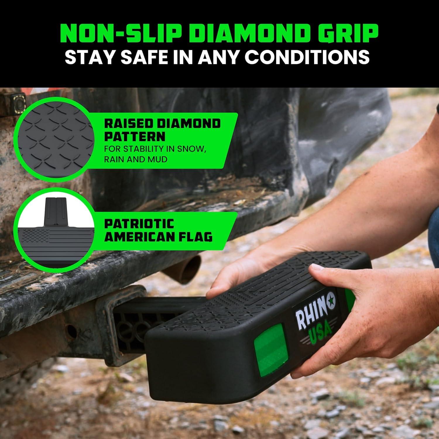 imageRhino USA Tow Hitch Step for 2IN Receivers AntiSlip Grip Reflective Material and Bumper Protection Perfect for Trucks SUVs and More  Locking Trailer Hitch Pin Included  Black2 Inch Receiver