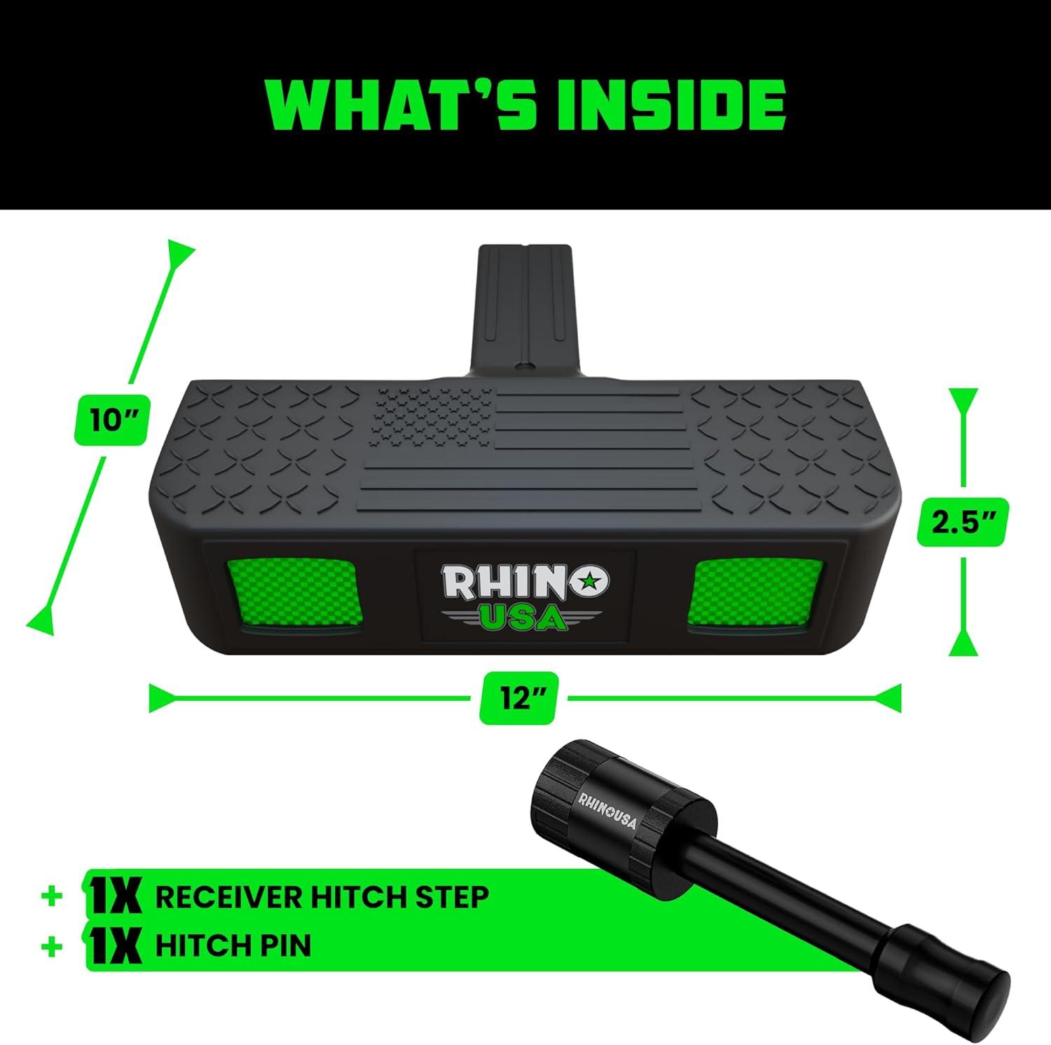 imageRhino USA Tow Hitch Step for 2IN Receivers AntiSlip Grip Reflective Material and Bumper Protection Perfect for Trucks SUVs and More  Locking Trailer Hitch Pin Included  Black2 Inch Receiver