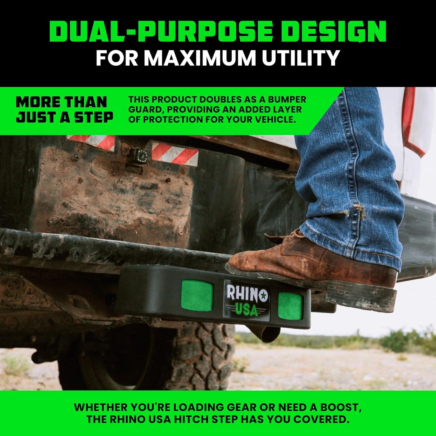 imageRhino USA Tow Hitch Step for 2IN Receivers AntiSlip Grip Reflective Material and Bumper Protection Perfect for Trucks SUVs and More  Locking Trailer Hitch Pin Included  Black2 Inch Receiver