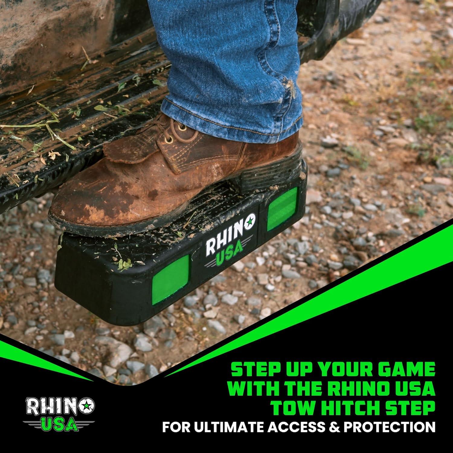 imageRhino USA Tow Hitch Step for 2IN Receivers AntiSlip Grip Reflective Material and Bumper Protection Perfect for Trucks SUVs and More  Locking Trailer Hitch Pin Included  Black2 Inch Receiver