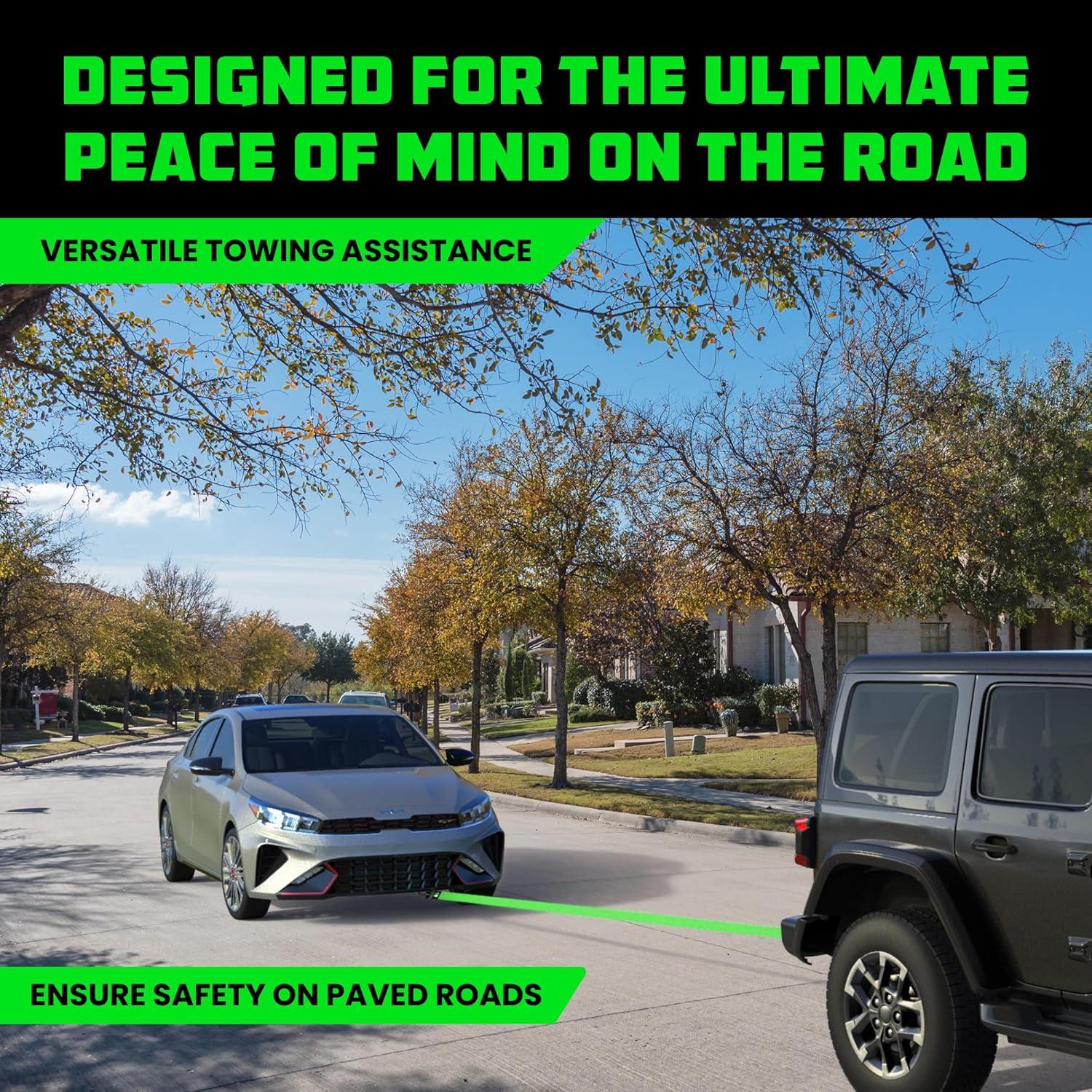 imageRhino USA Tow Strap with Hooks 2 Inch x 20 Foot Lab Inspected 10321lbs Break Strength  Heavy Duty Emergency Towing Straps with Forged Steel Hooks for Roadside Recovery  Not for OffRoad RecoveriesGreen