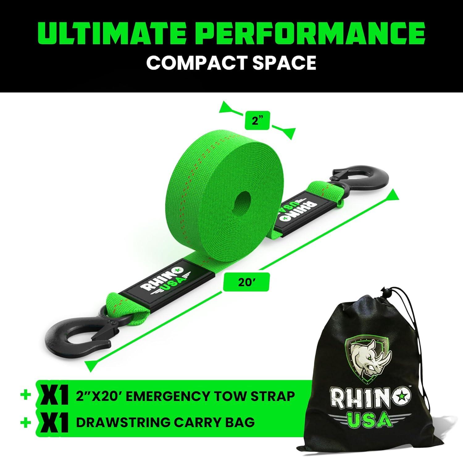 imageRhino USA Tow Strap with Hooks 2 Inch x 20 Foot Lab Inspected 10321lbs Break Strength  Heavy Duty Emergency Towing Straps with Forged Steel Hooks for Roadside Recovery  Not for OffRoad RecoveriesGreen