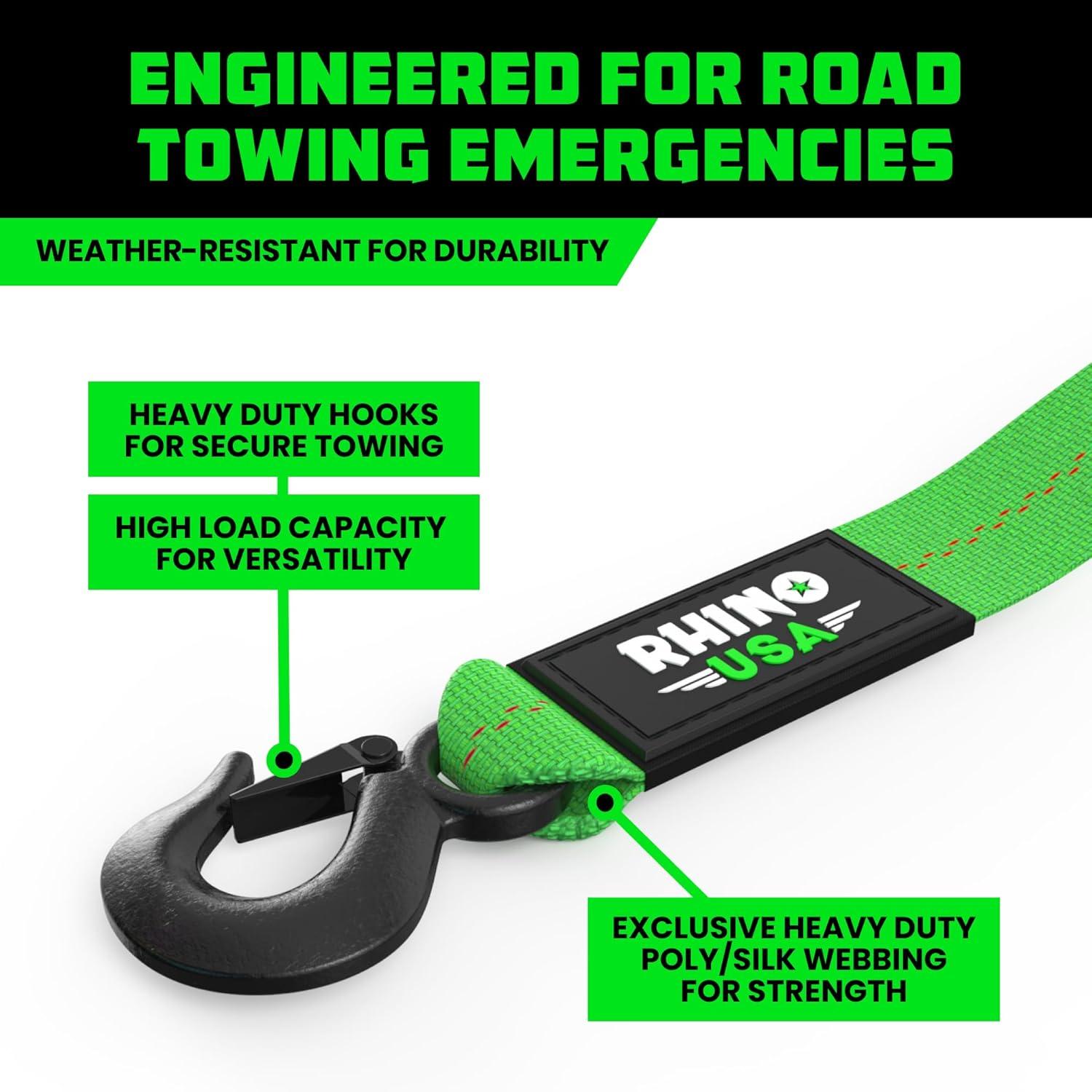 imageRhino USA Tow Strap with Hooks 2 Inch x 20 Foot Lab Inspected 10321lbs Break Strength  Heavy Duty Emergency Towing Straps with Forged Steel Hooks for Roadside Recovery  Not for OffRoad RecoveriesGreen