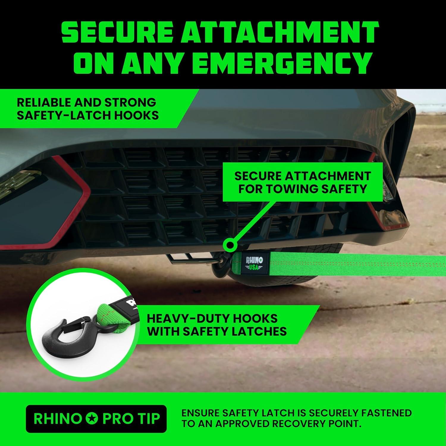 imageRhino USA Tow Strap with Hooks 2 Inch x 20 Foot Lab Inspected 10321lbs Break Strength  Heavy Duty Emergency Towing Straps with Forged Steel Hooks for Roadside Recovery  Not for OffRoad RecoveriesGreen