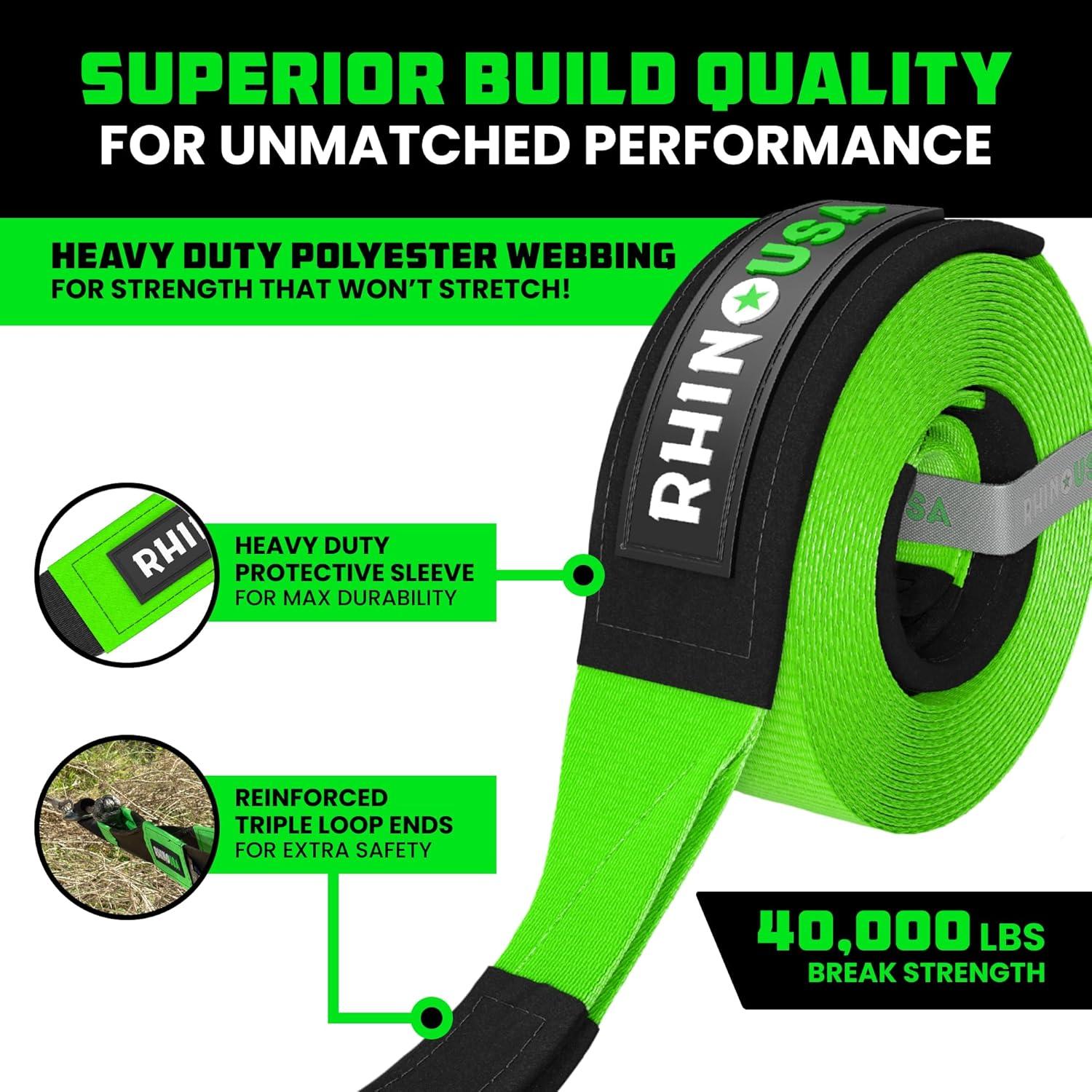 imageRhino USA Tree Saver Tow Strap 3quot x 8  31518lb Break Strength  Emergency Recovery Strap Winch Extension for Truck UTV ATV ampamp More  Heavy Duty Straps Compatible with Jeep Ford Toyota BlackGreen