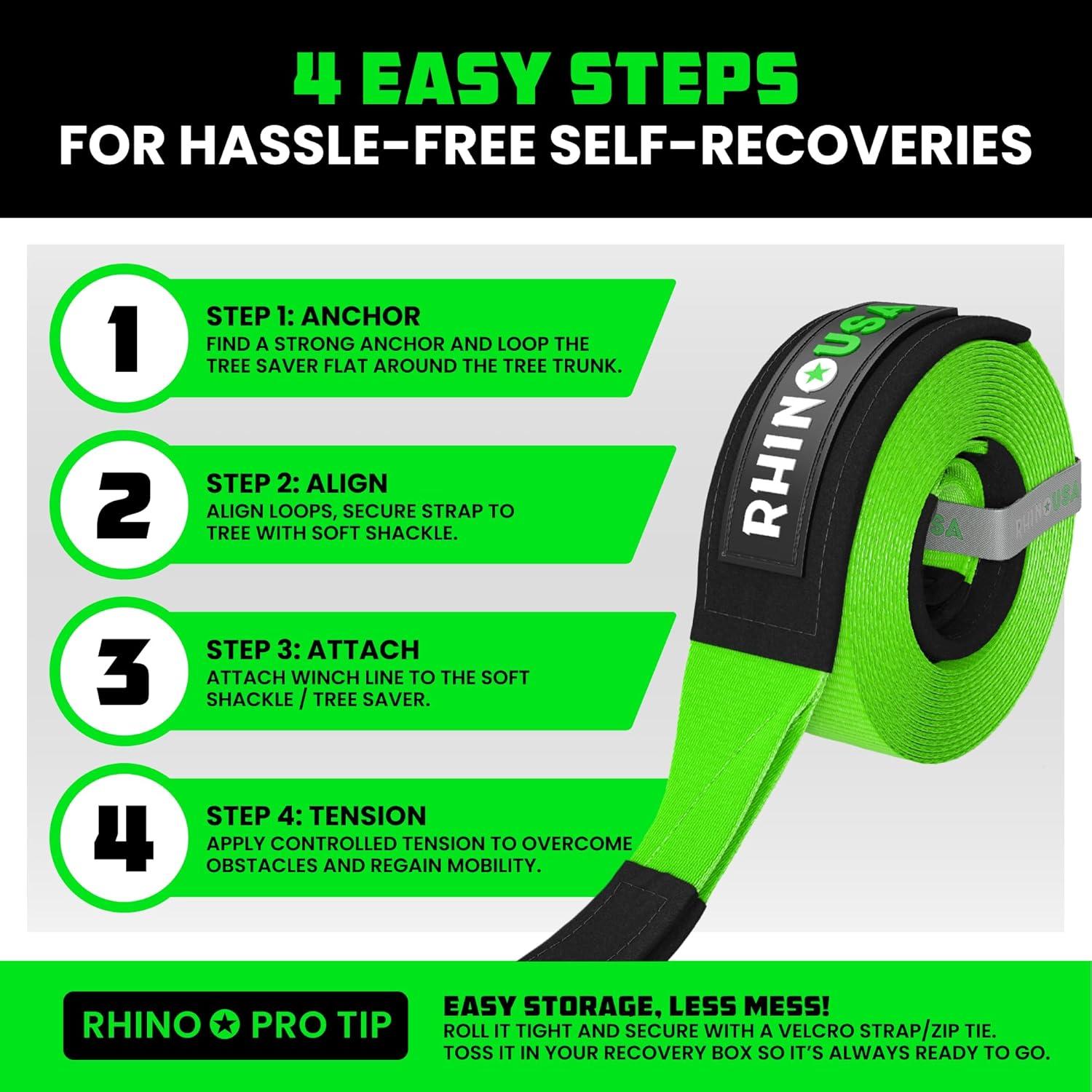 imageRhino USA Tree Saver Tow Strap 3quot x 8  31518lb Break Strength  Emergency Recovery Strap Winch Extension for Truck UTV ATV ampamp More  Heavy Duty Straps Compatible with Jeep Ford Toyota BlackGreen